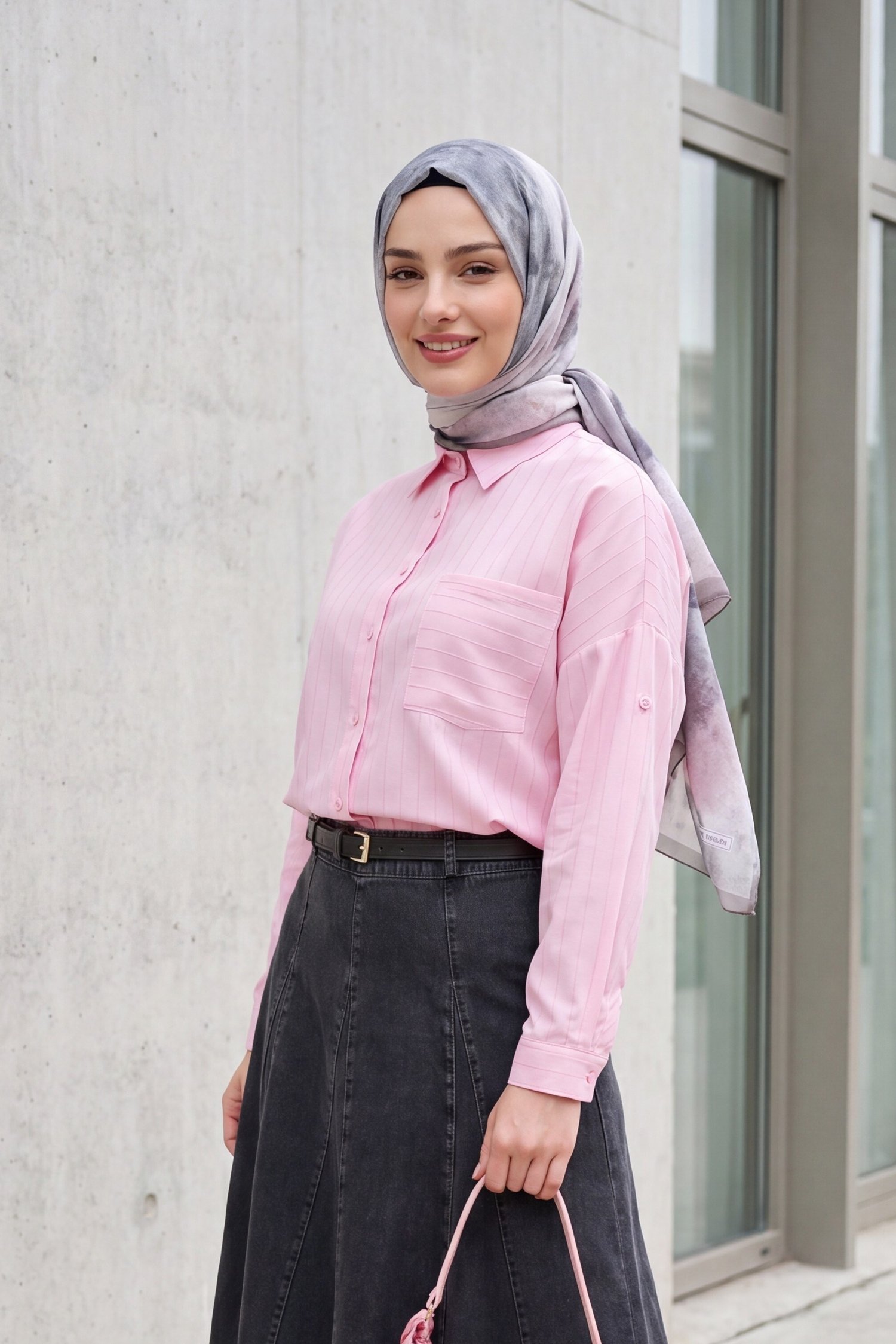 Tep Cepli Arkası Uzun Oversize Keten Gömlek  -Pudra