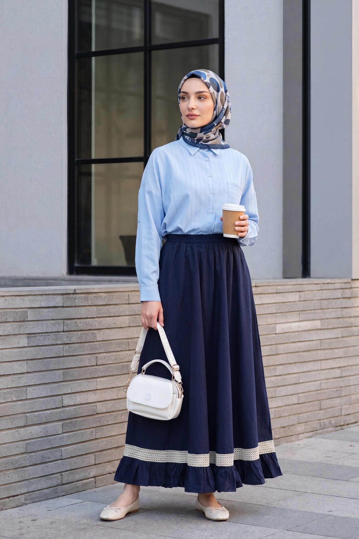 Tep Cepli Arkası Uzun Oversize Keten Gömlek -Bebe Mavi