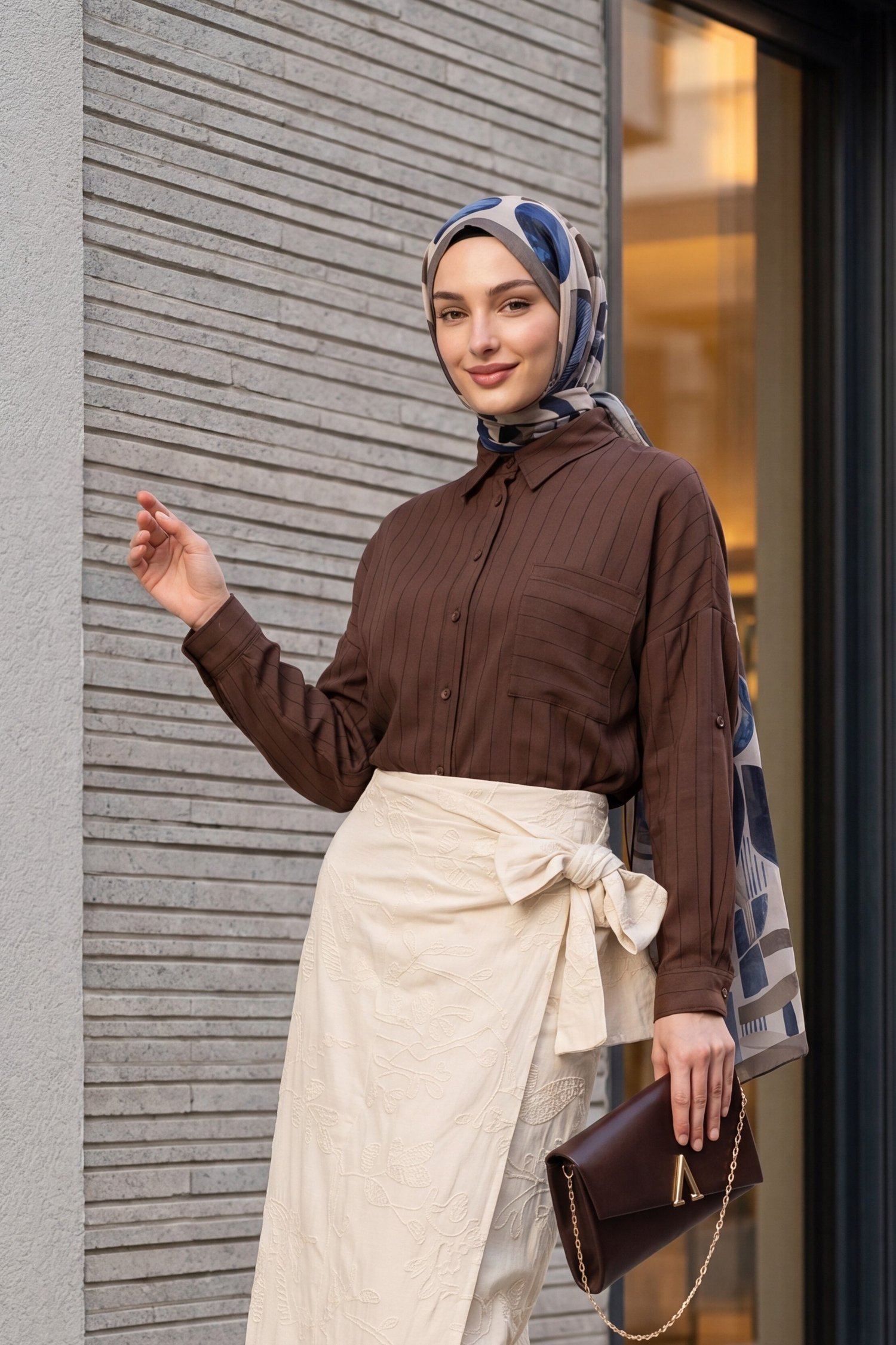 Tep Cepli Arkası Uzun Oversize Keten Gömlek -Kahverengi