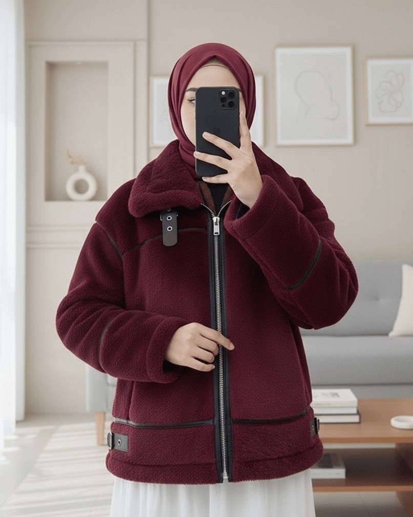 Ters Detay Peluş Lamineli Deri Detaylı Mont -Bordo