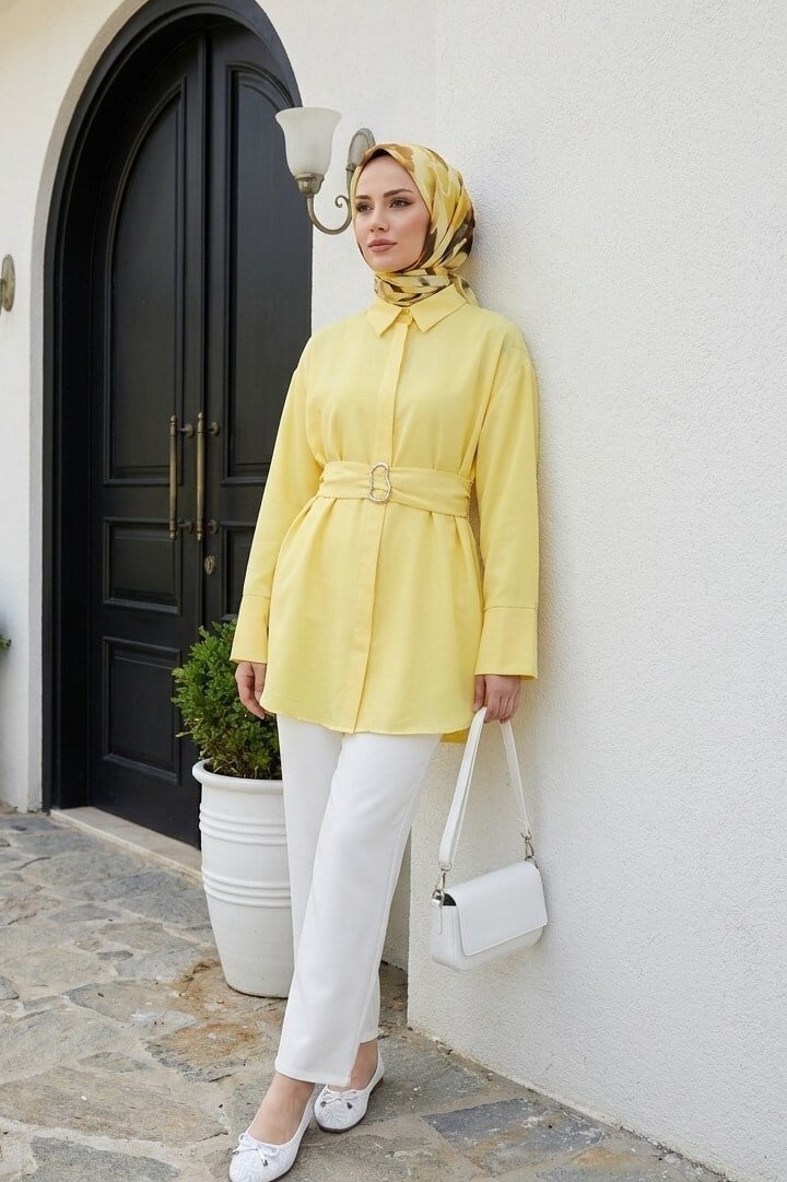 Tokalı Kemerli Duble Manşet Kol Gizli Düğmeli Poplin Tunik -Sarı