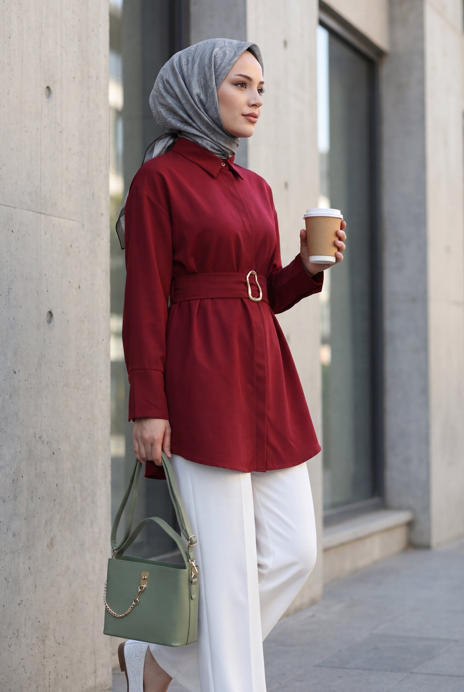 Tokalı Kemerli Duble Manşet Kol Gizli Düğmeli Poplin Tunik -Bordo