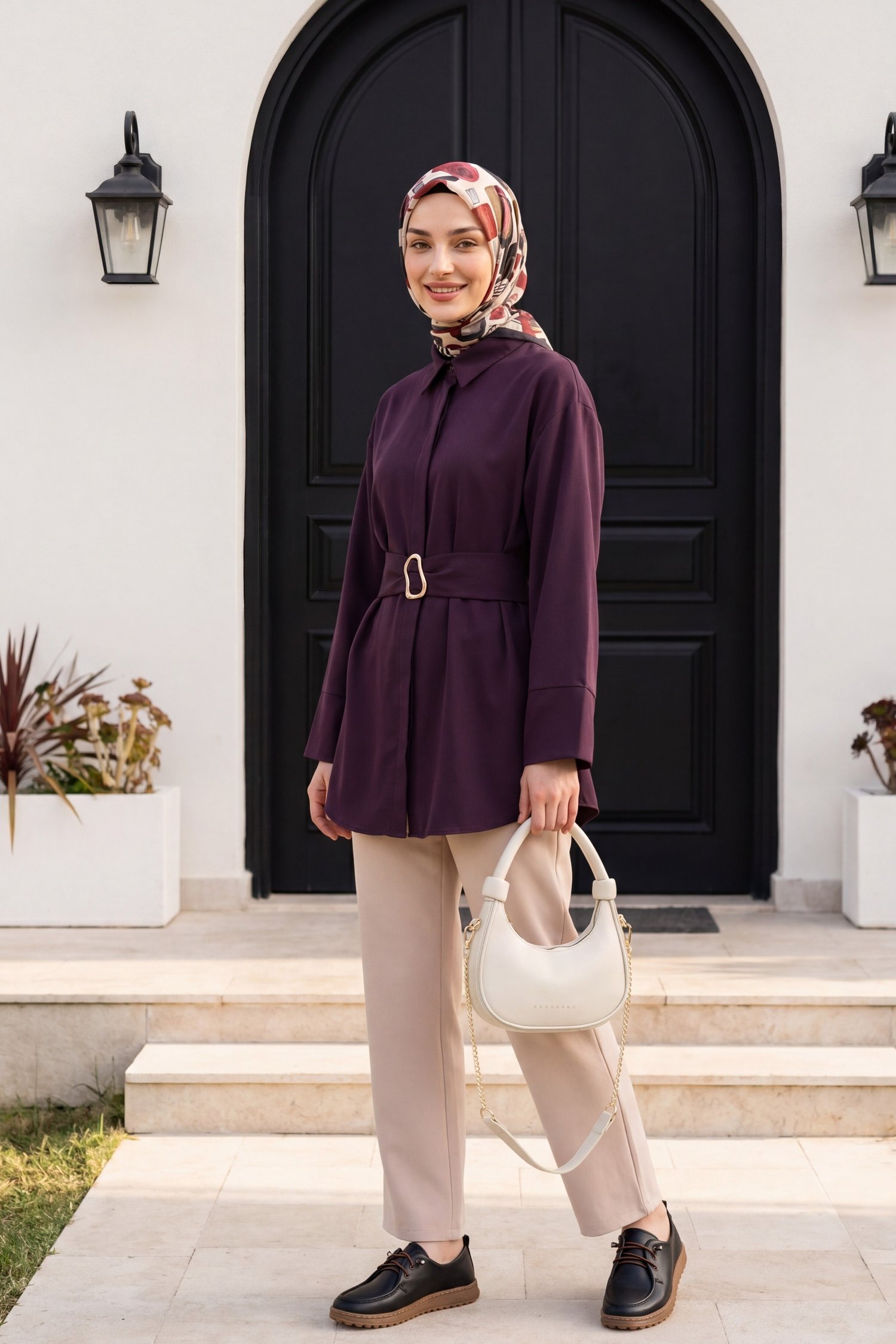 Tokalı Kemerli Duble Manşet Kol Gizli Düğmeli Poplin Tunik -Mürdüm