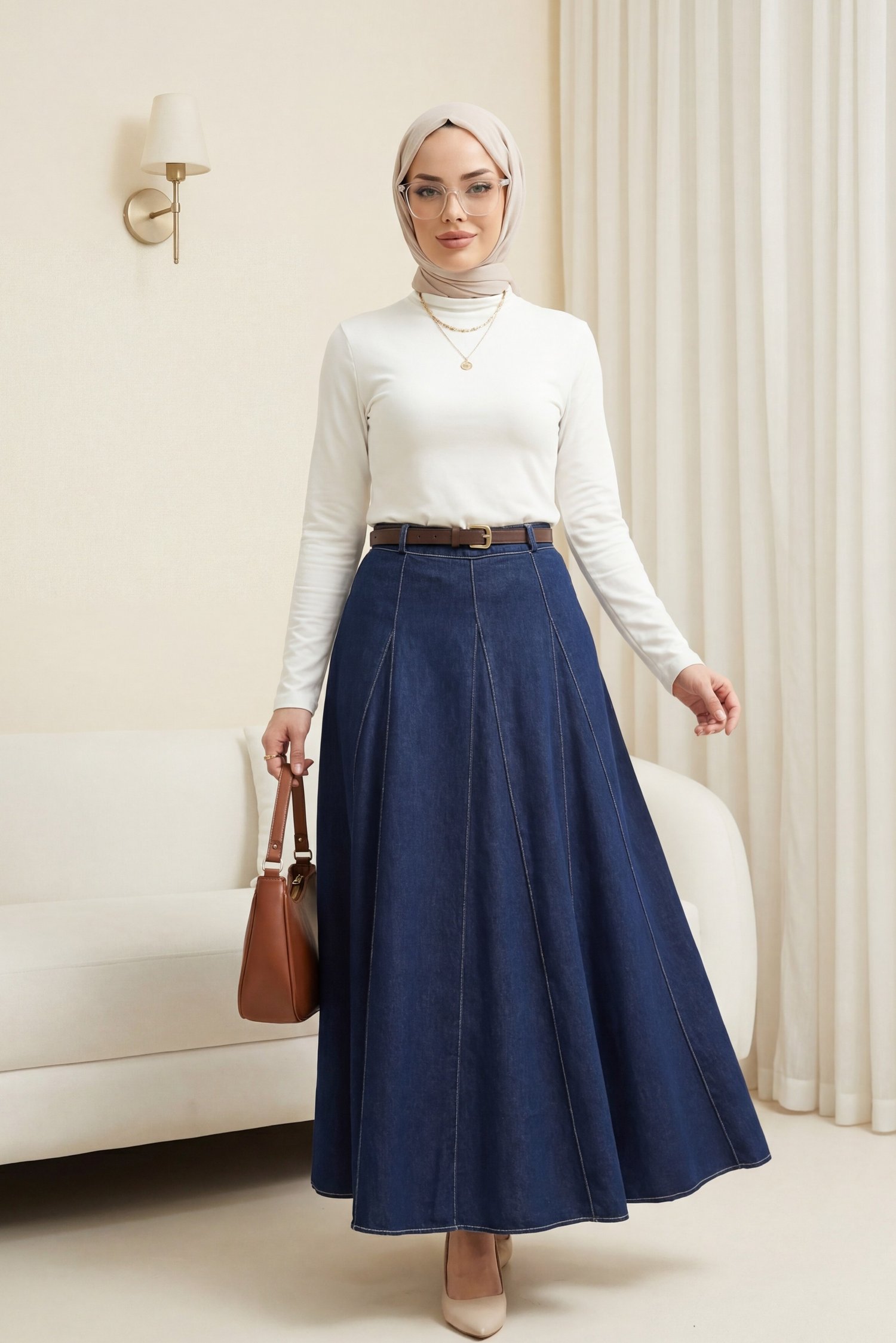 Tokalı Kemerli Fermuarlı Parçalı Kot Etek -Lacivert