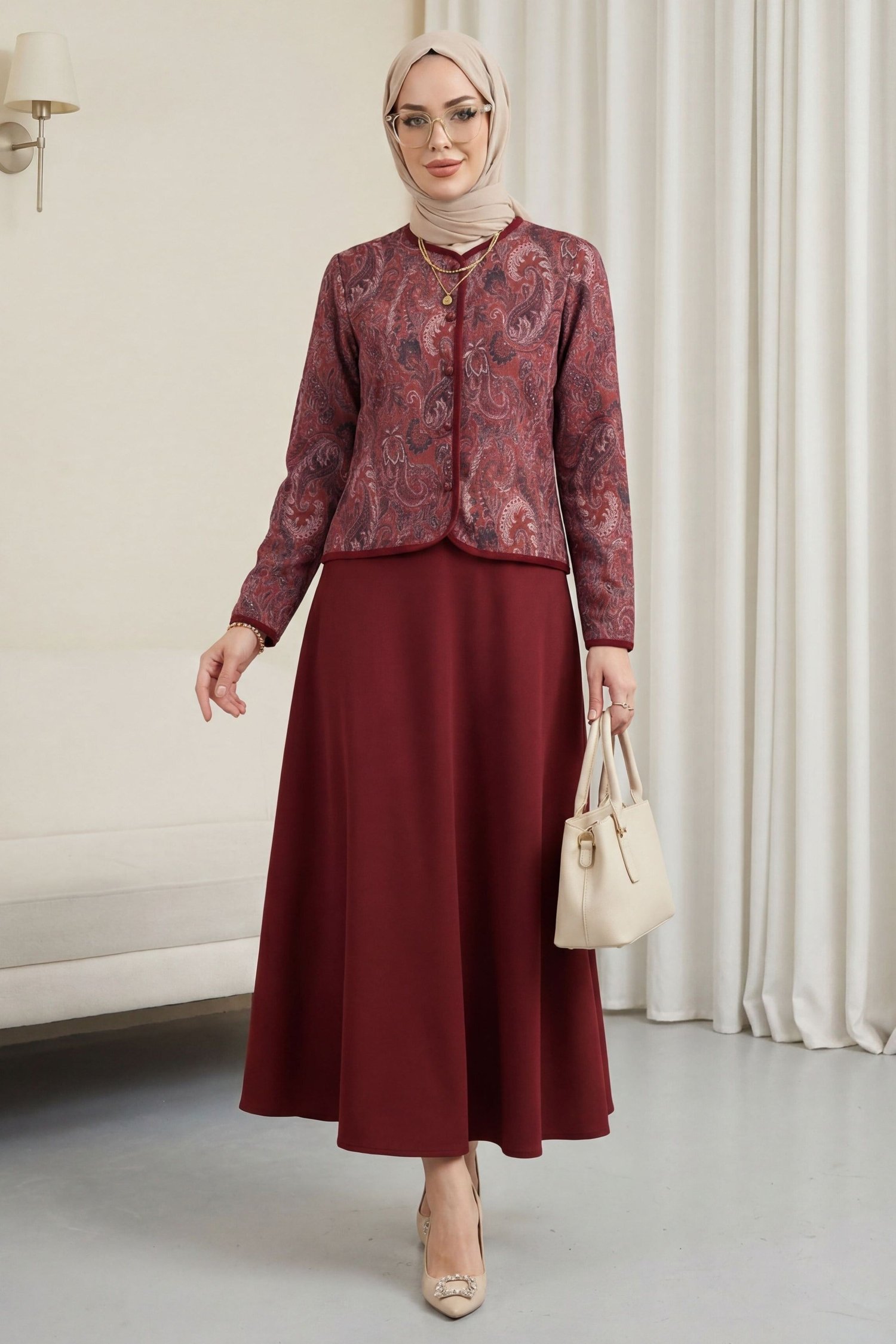 Top Düğme Etnik Desen Etekli Krep Takım -Bordo