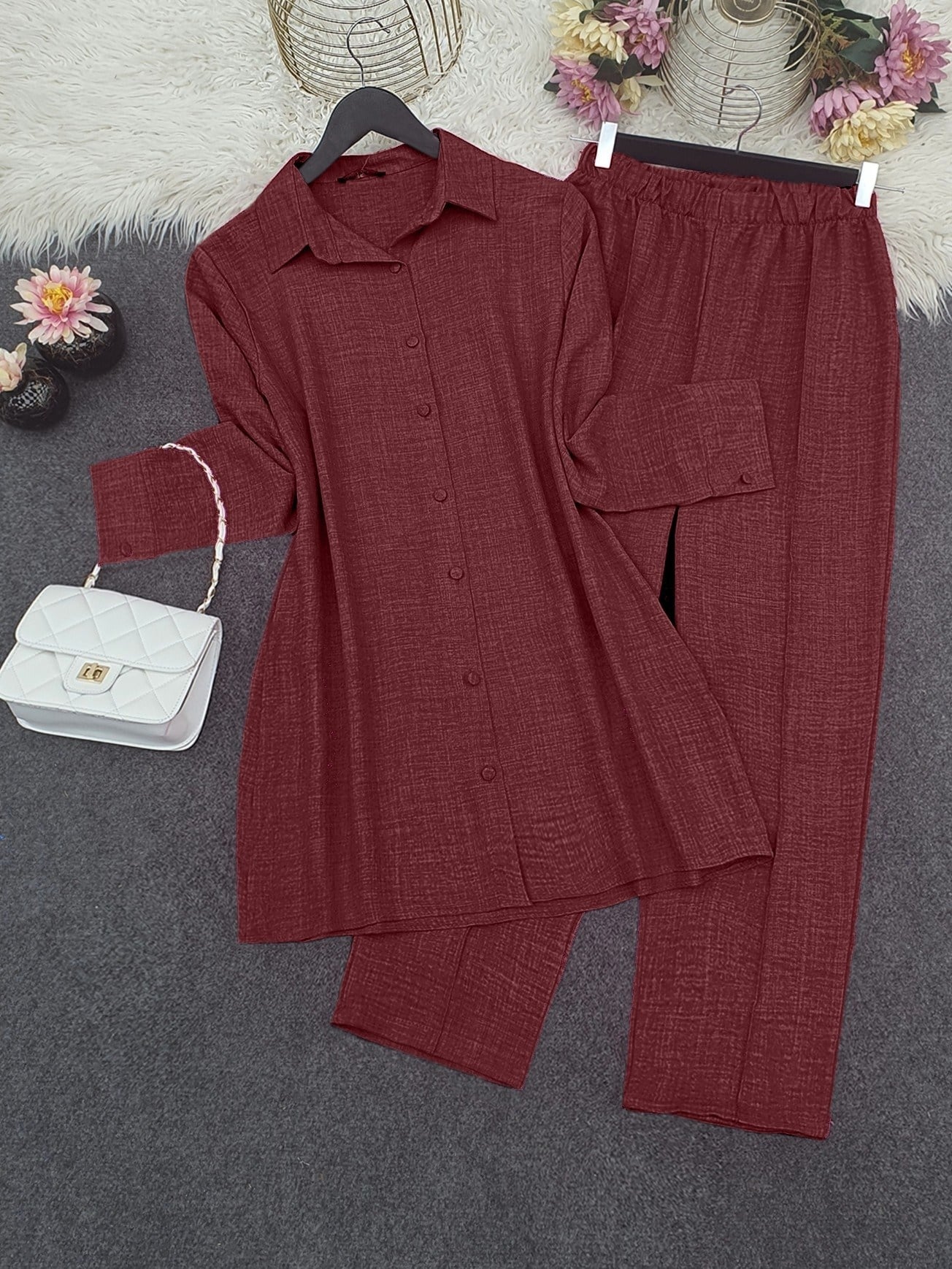 Top Düğme Gömlek Pantolonlu Takım   -Bordo