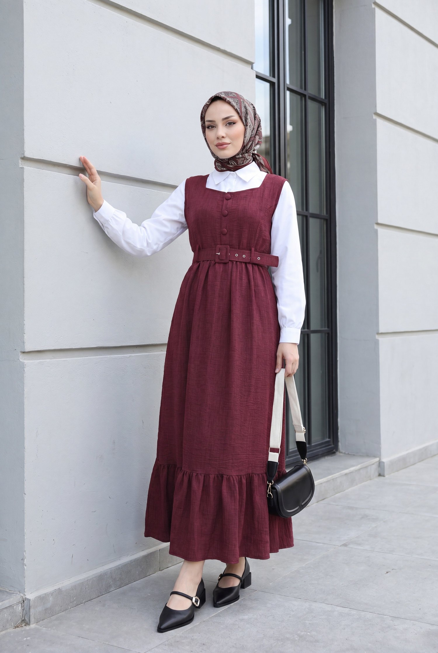 Top Düğmeli Altı Fırfırlı Beli Kemerli  Jile Elbise -Bordo