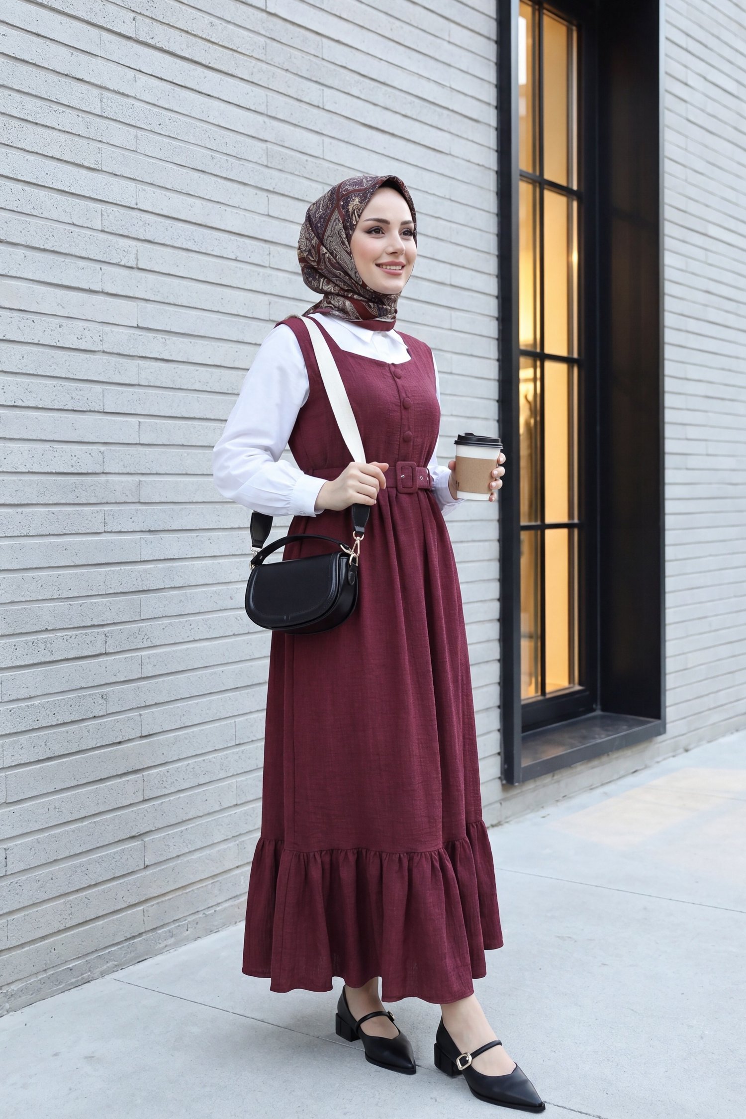 Top Düğmeli Altı Fırfırlı Beli Kemerli  Jile Elbise -Bordo