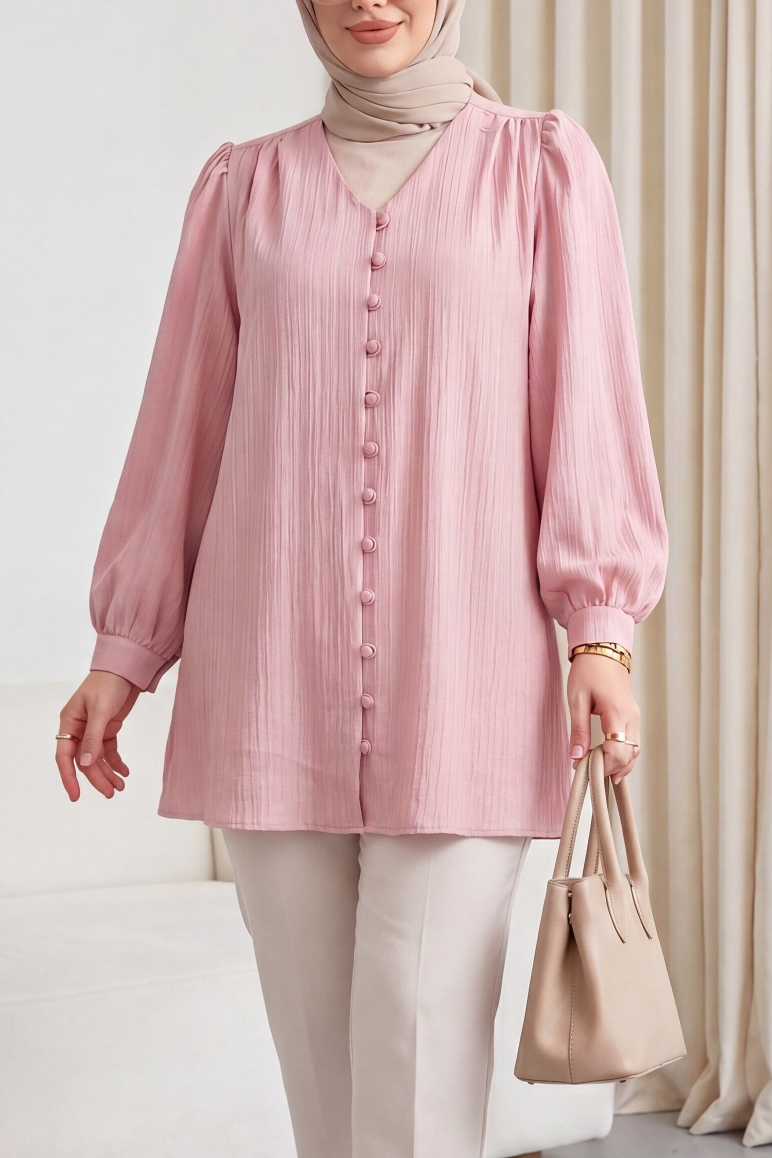 Top Düğmeli V Yaka Jakarlı Krinkıl Tunik  -Pembe