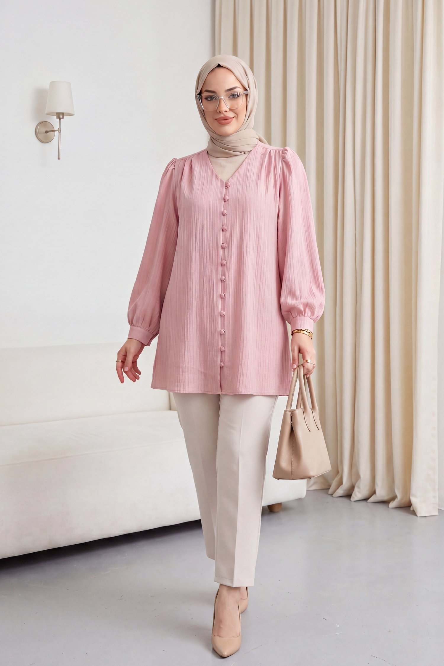 Top Düğmeli V Yaka Jakarlı Krinkıl Tunik  -Pembe