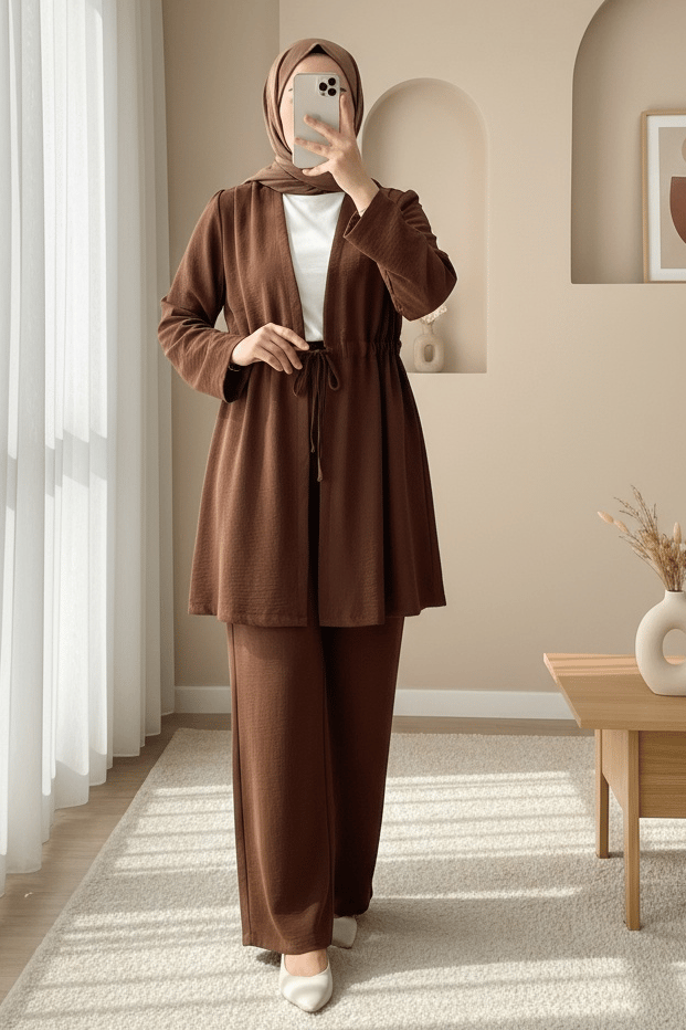 Tünel Bağcıklı Ayrobin Kimono Takım -Kahve