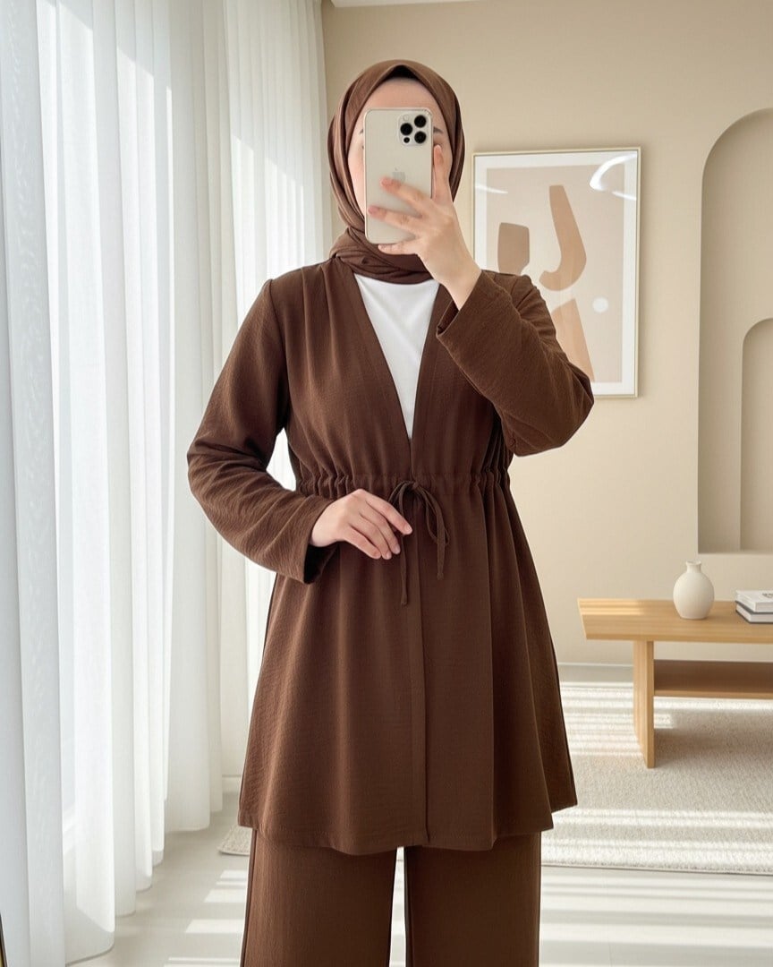 Tünel Bağcıklı Ayrobin Kimono Takım -Kahve