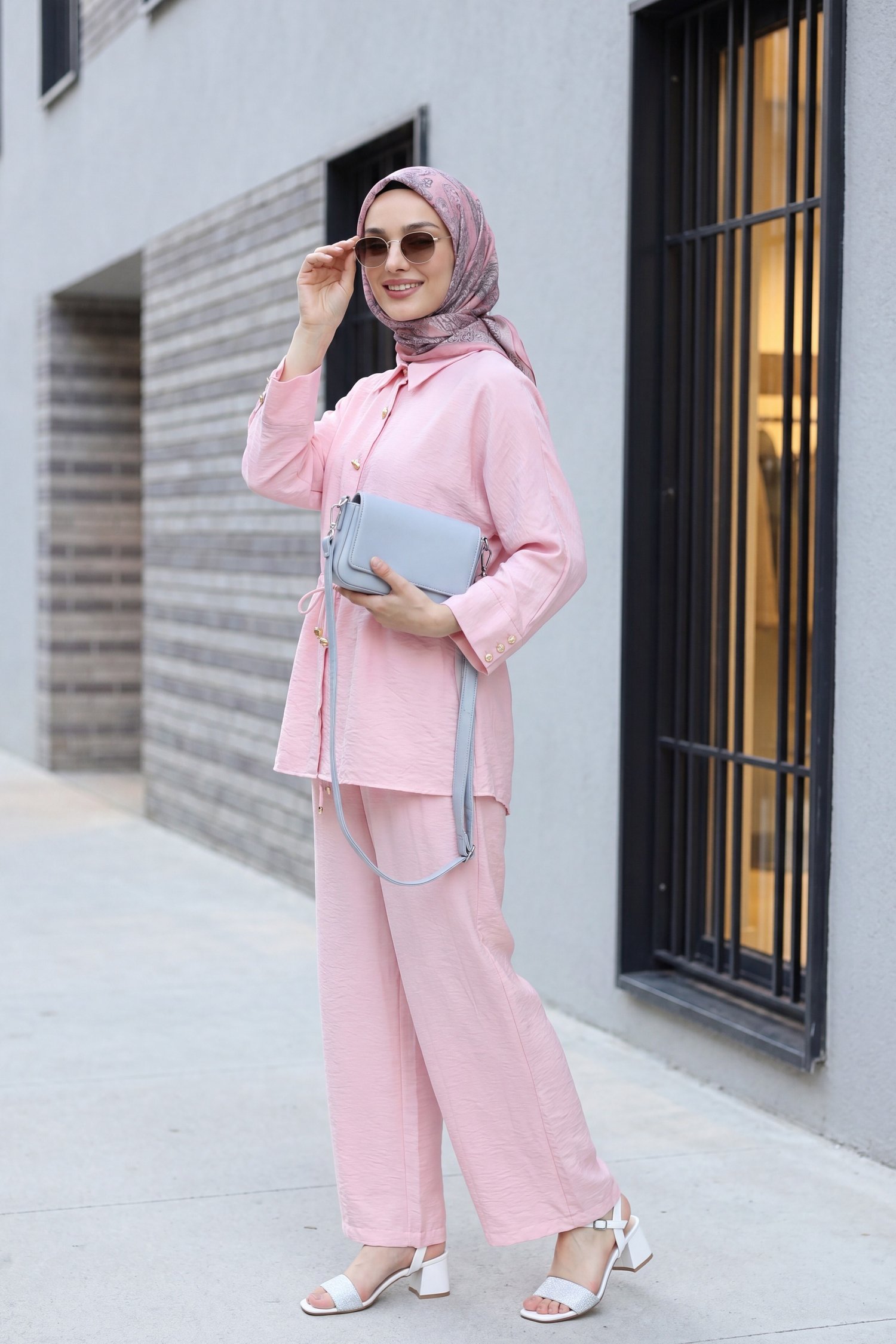 Tünel Bağcıklı Beli Lastikli Pantolonlu Pamuklu Krinkıl Takım   -Pembe