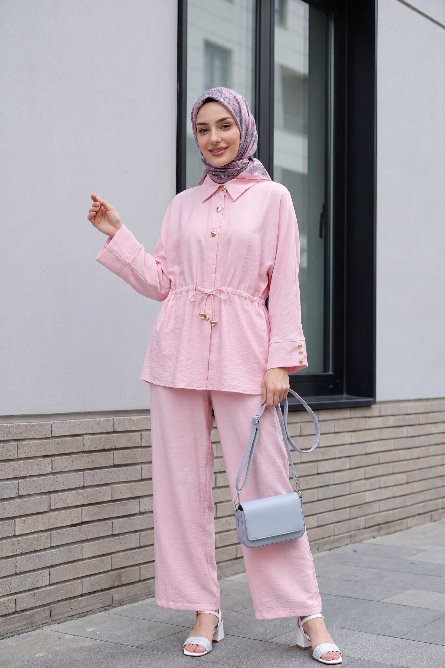 Tünel Bağcıklı Beli Lastikli Pantolonlu Pamuklu Krinkıl Takım   -Pembe