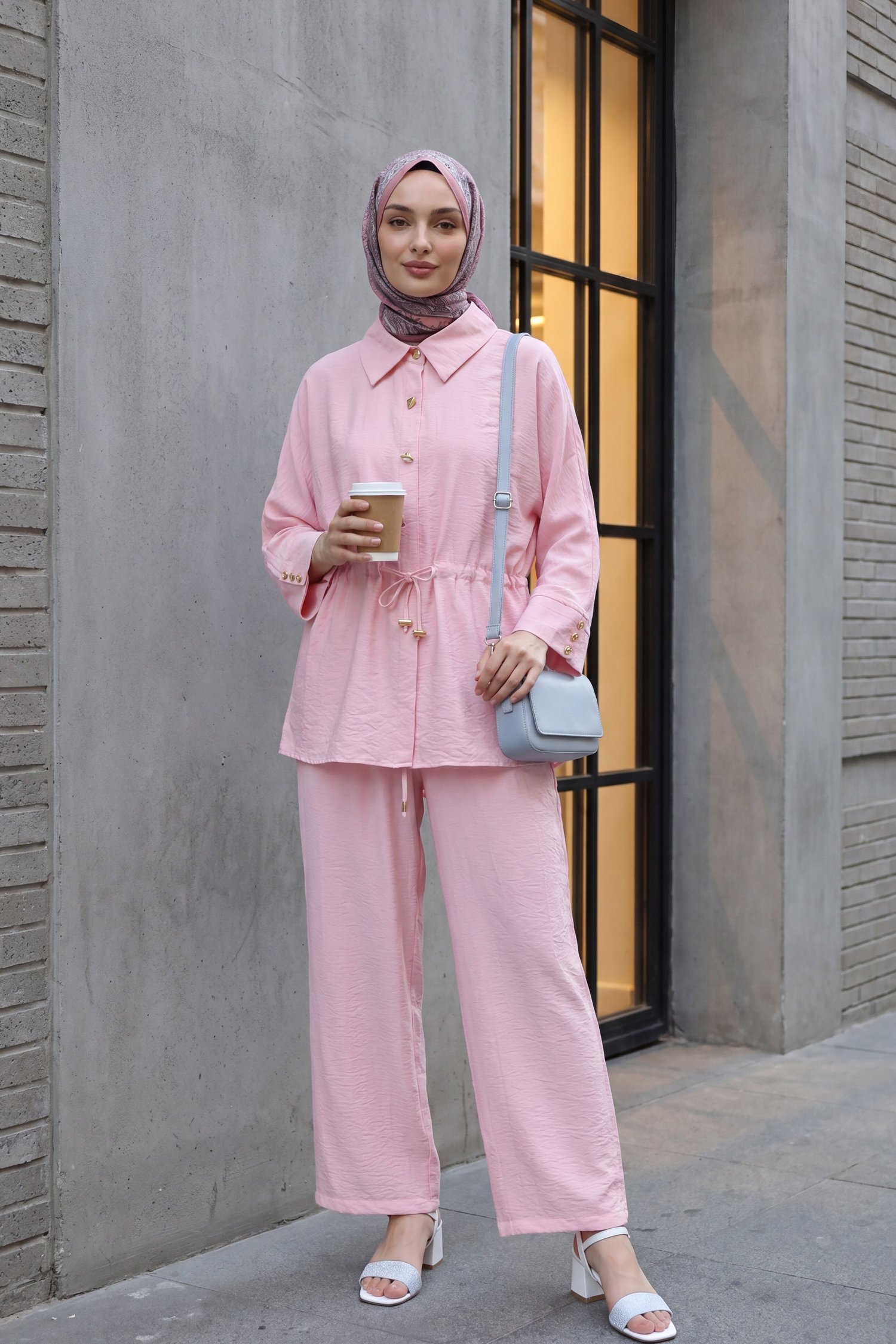 Tünel Bağcıklı Beli Lastikli Pantolonlu Pamuklu Krinkıl Takım   -Pembe