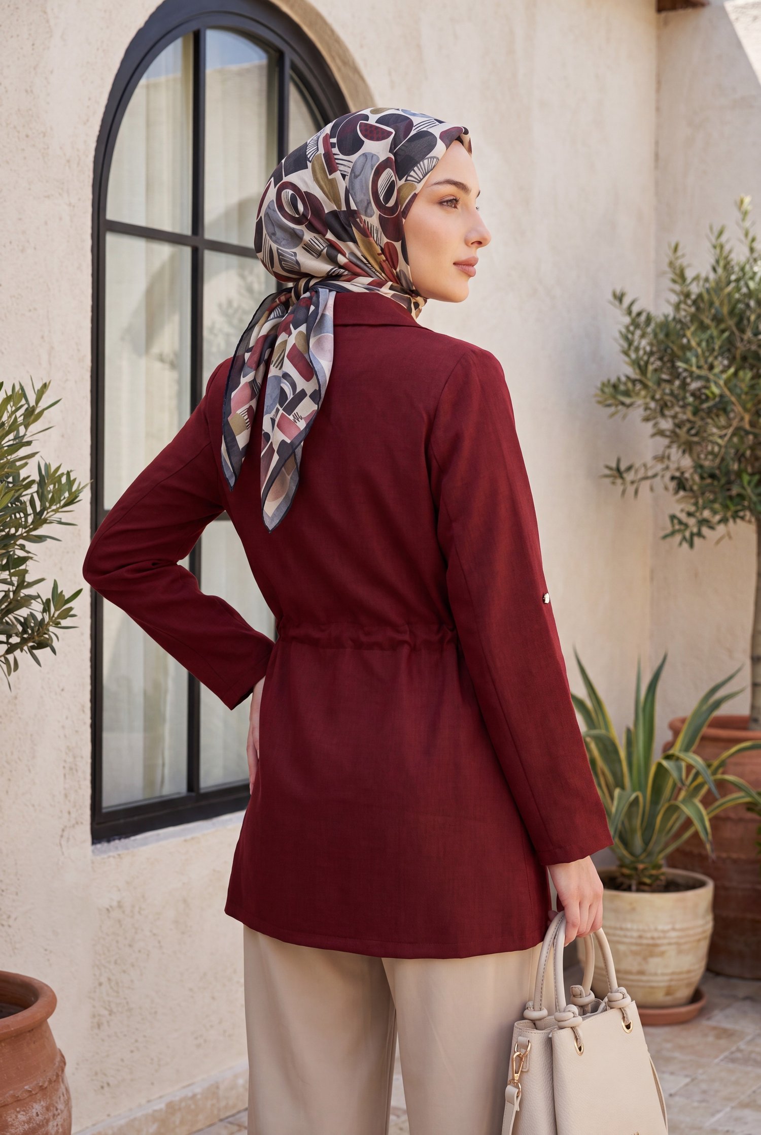Tünel Bağcıklı Cep Detaylı Keten Görünümlü Kimono -Bordo