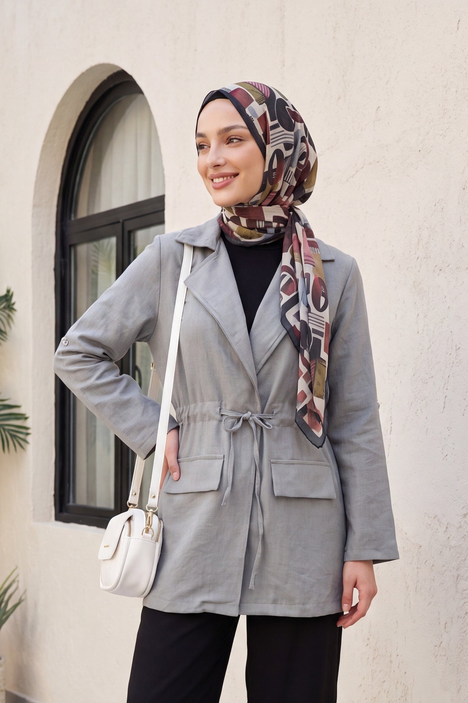 Tünel Bağcıklı Cep Detaylı Keten Görünümlü Kimono -Açık Gri