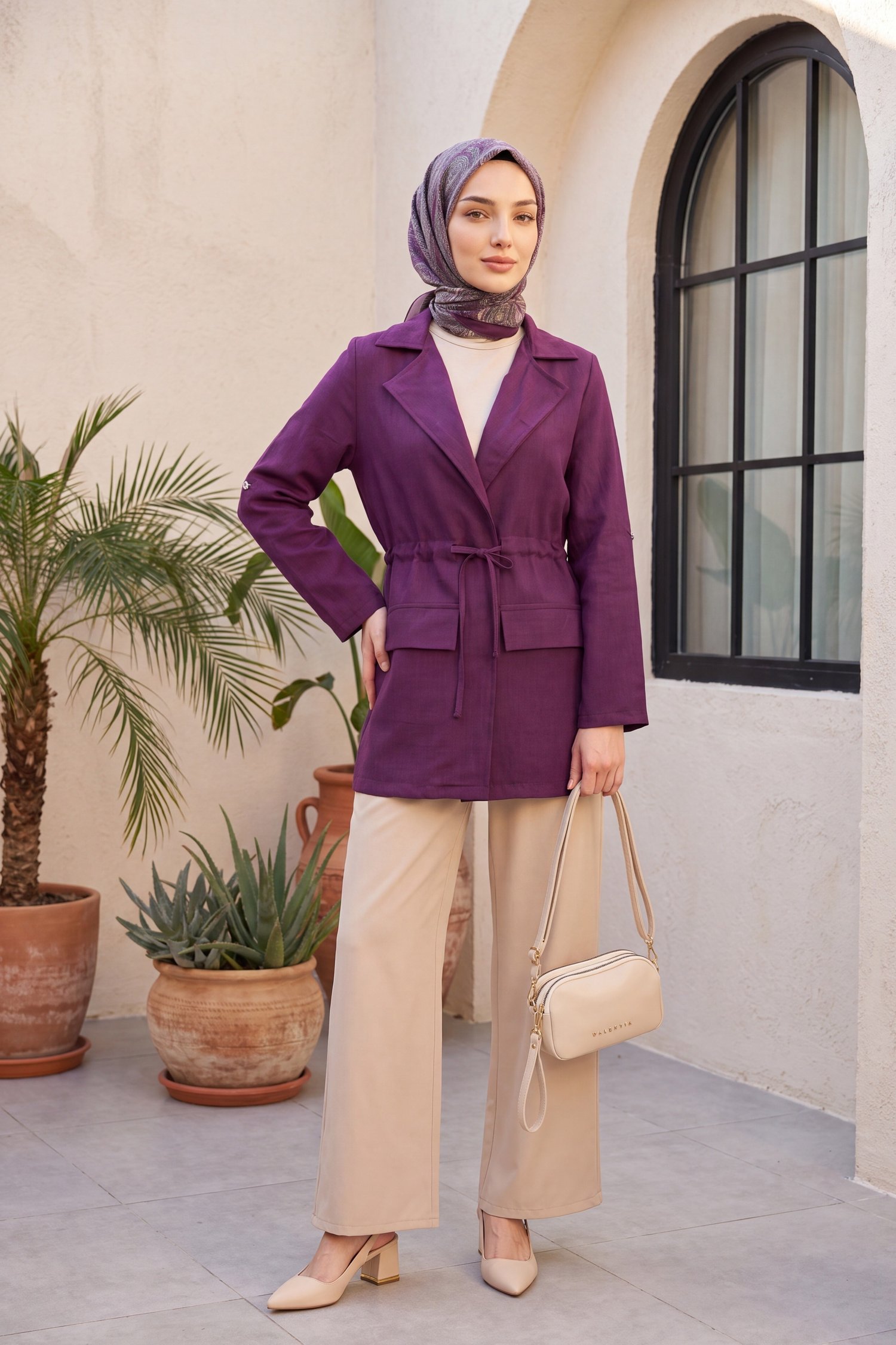 Tünel Bağcıklı Cep Detaylı Keten Görünümlü Kimono -Mürdüm