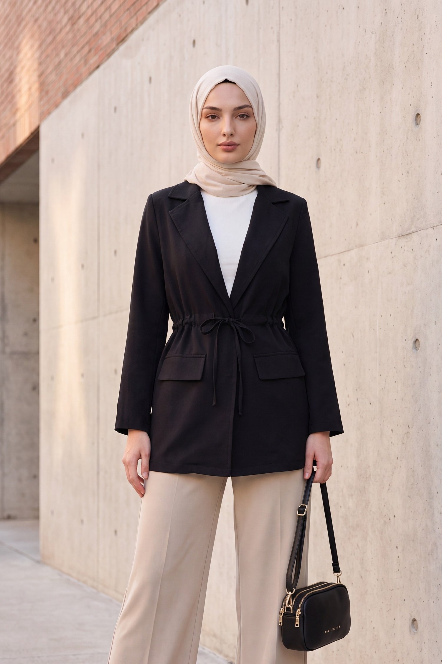Tünel Bağcıklı Cep Detaylı Keten Görünümlü Kimono -Siyah