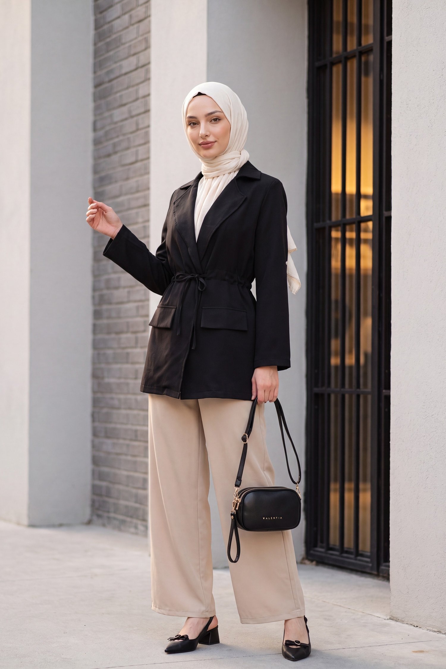Tünel Bağcıklı Cep Detaylı Keten Görünümlü Kimono -Siyah