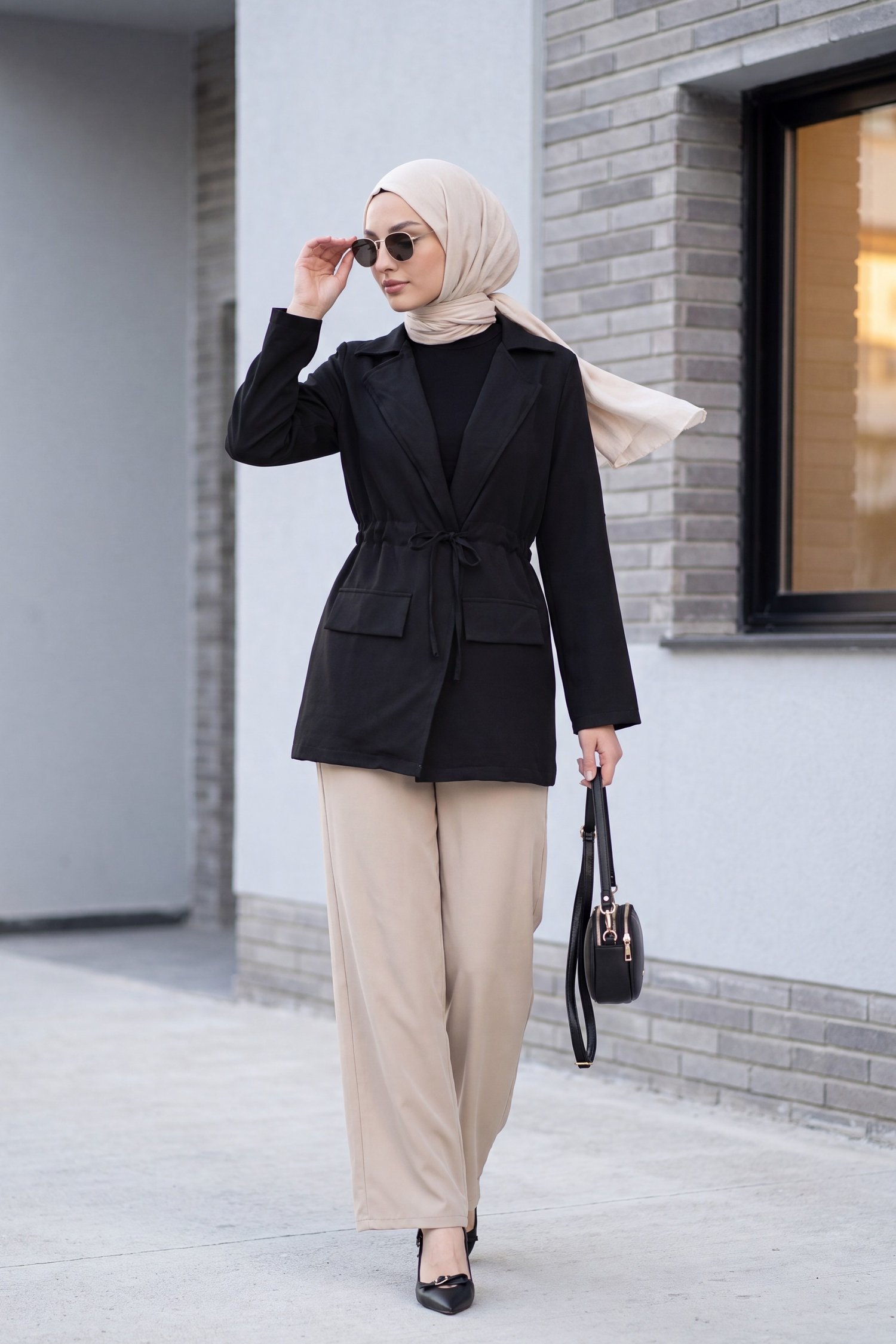 Tünel Bağcıklı Cep Detaylı Keten Görünümlü Kimono -Siyah