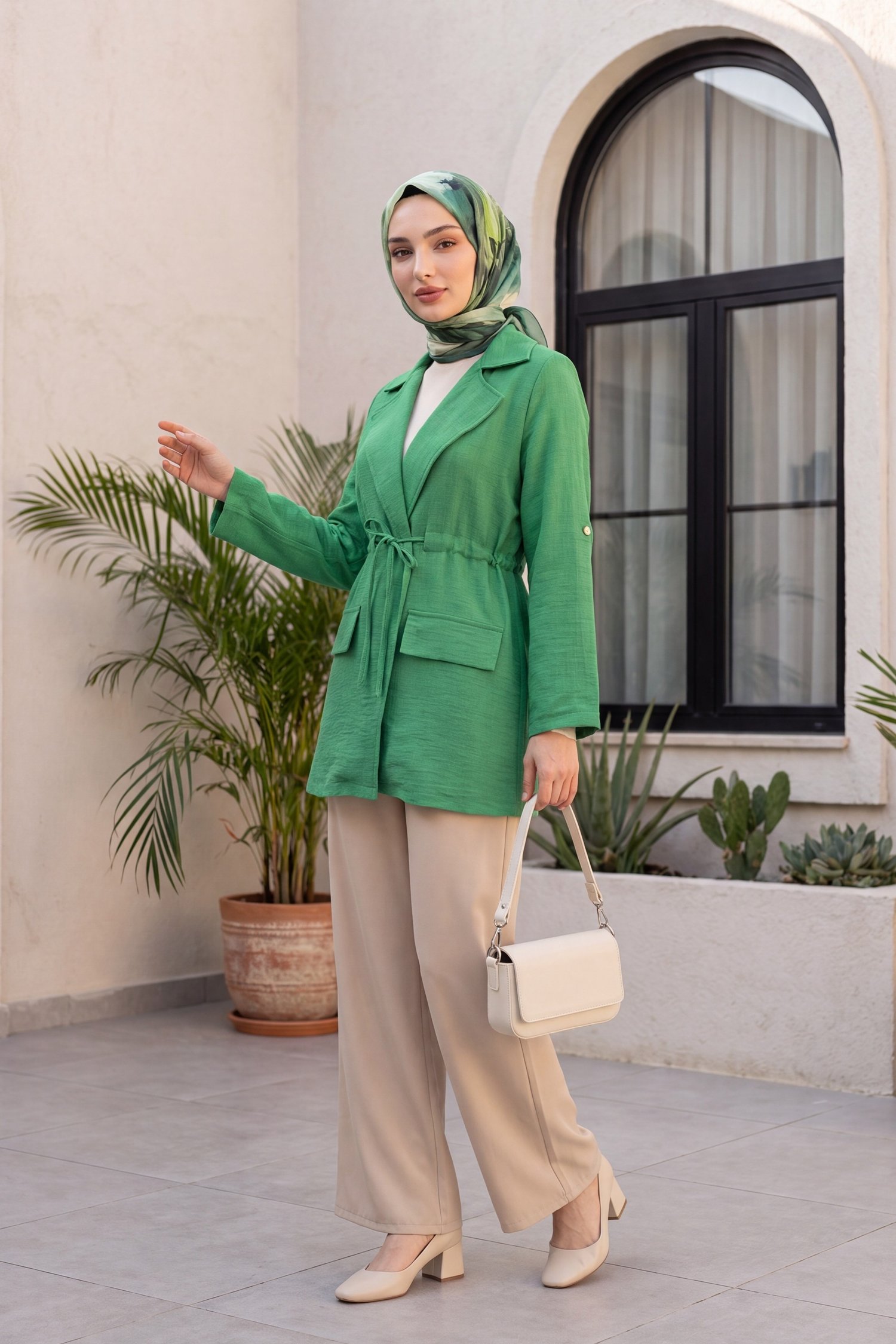 Tünel Bağcıklı Cep Detaylı Keten Görünümlü Kimono -Acık Yeşil