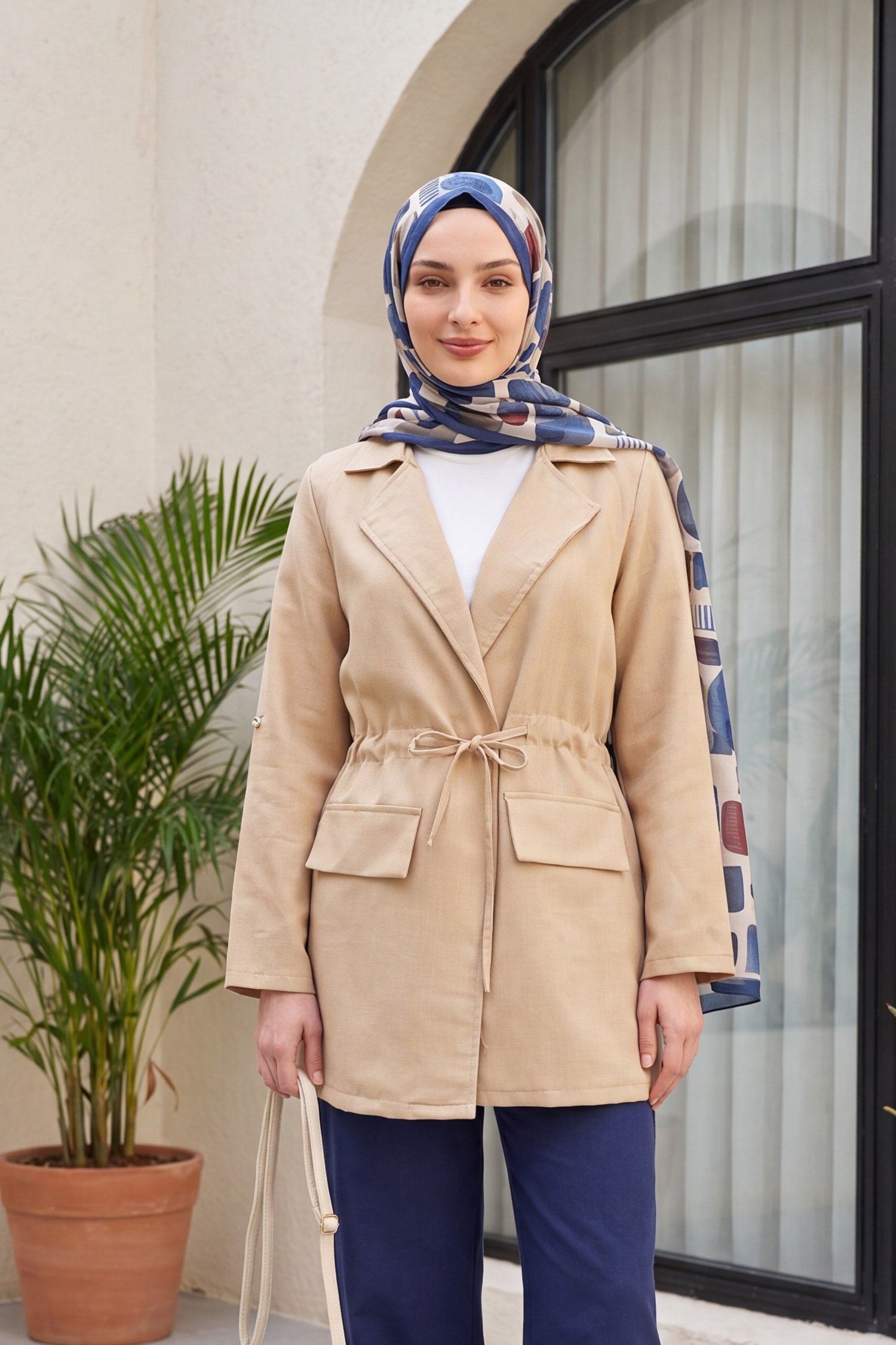 Tünel Bağcıklı Cep Detaylı Keten Görünümlü Kimono -Vizon