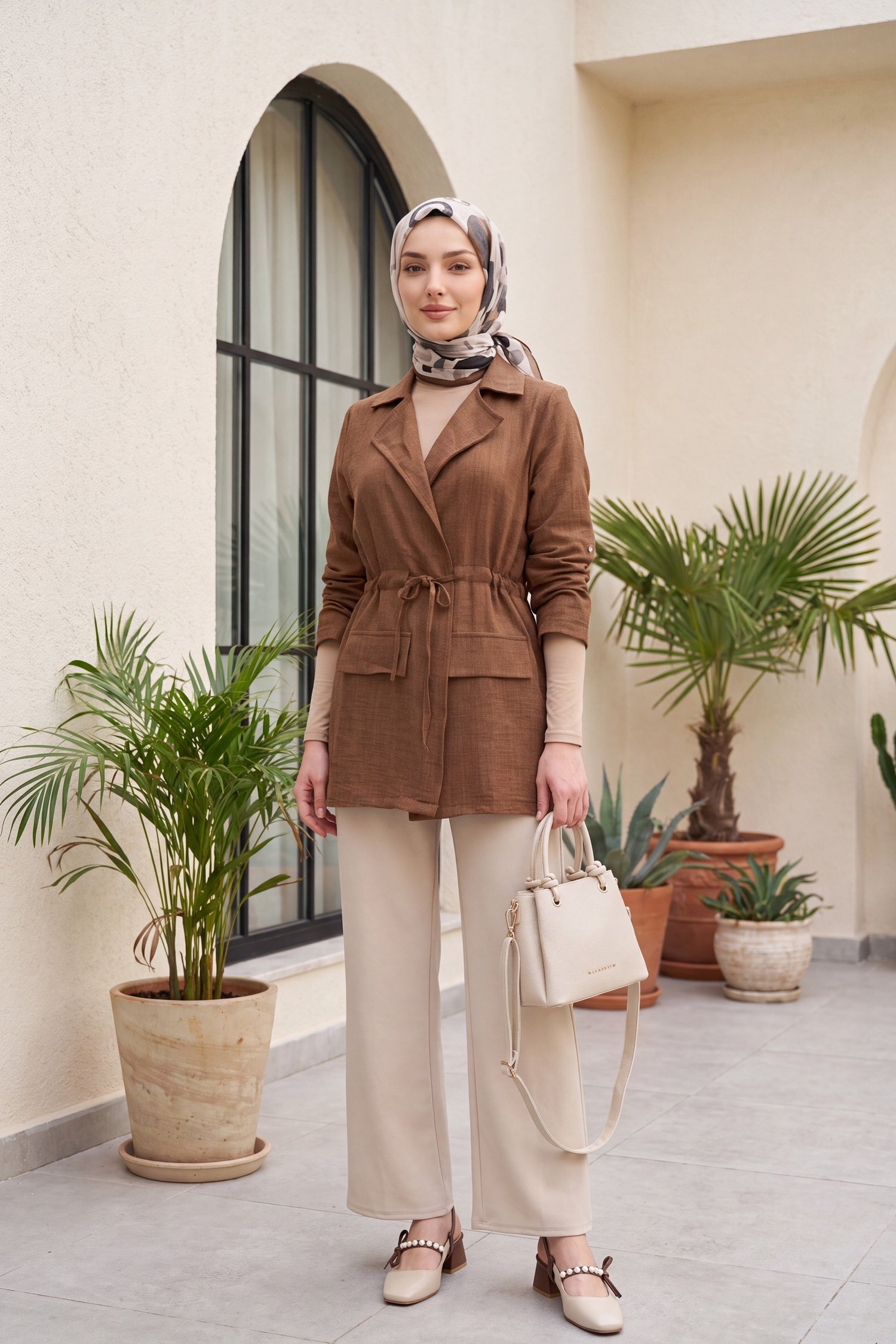 Tünel Bağcıklı Cep Detaylı Keten Görünümlü Kimono -Kahverengi
