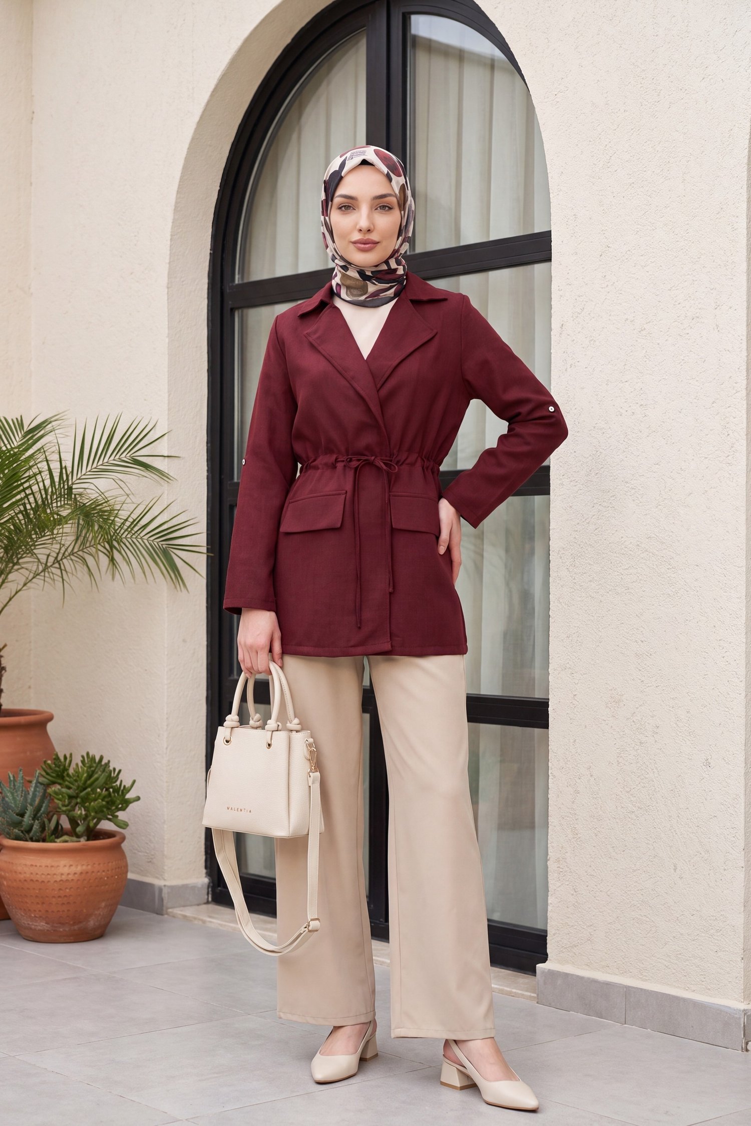 Tünel Bağcıklı Cep Detaylı Keten Görünümlü Kimono -Bordo
