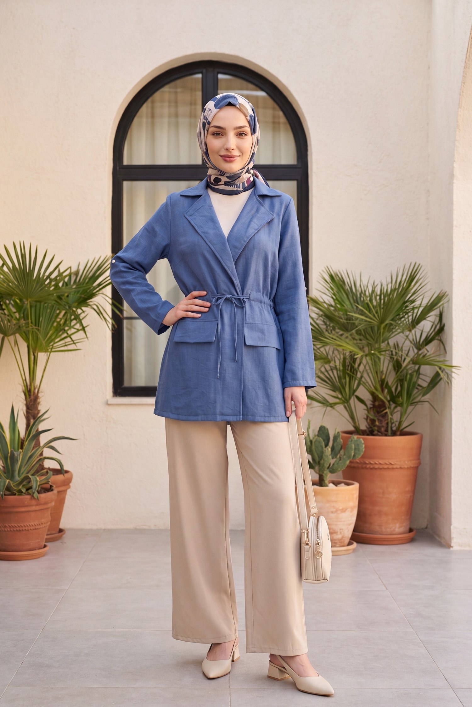 Tünel Bağcıklı Cep Detaylı Keten Görünümlü Kimono -İndigo