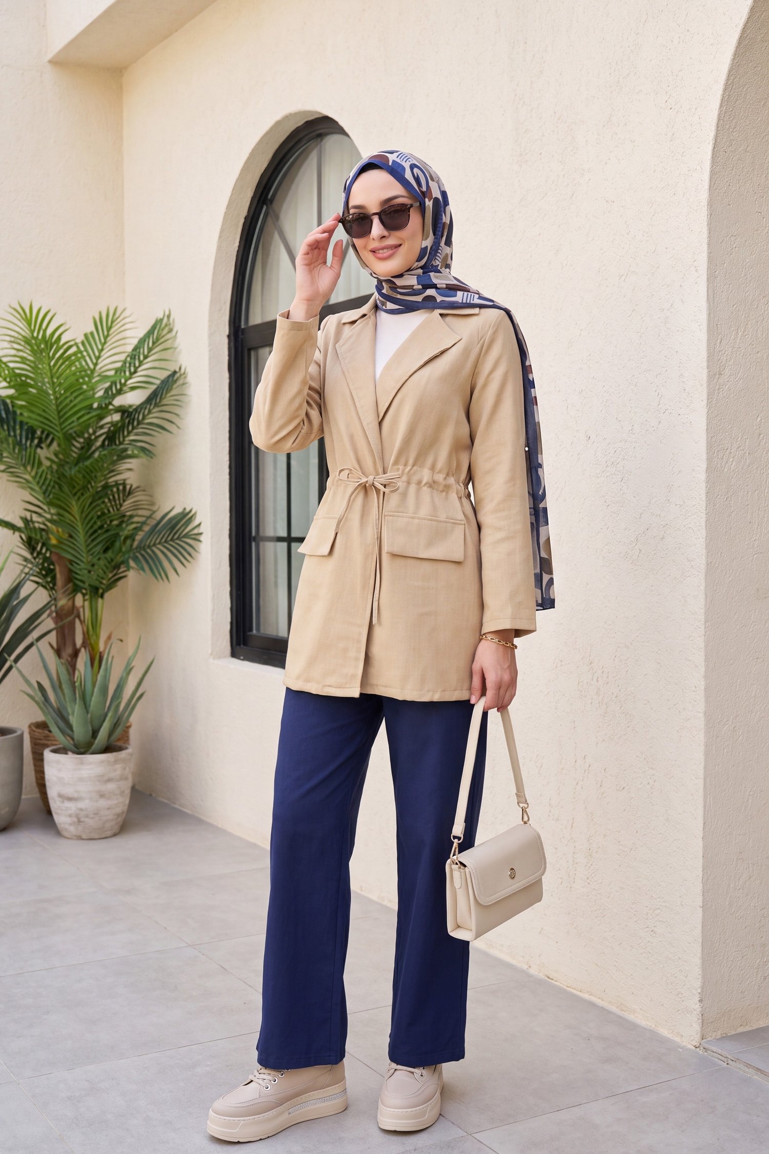 Tünel Bağcıklı Cep Detaylı Keten Görünümlü Kimono -Vizon