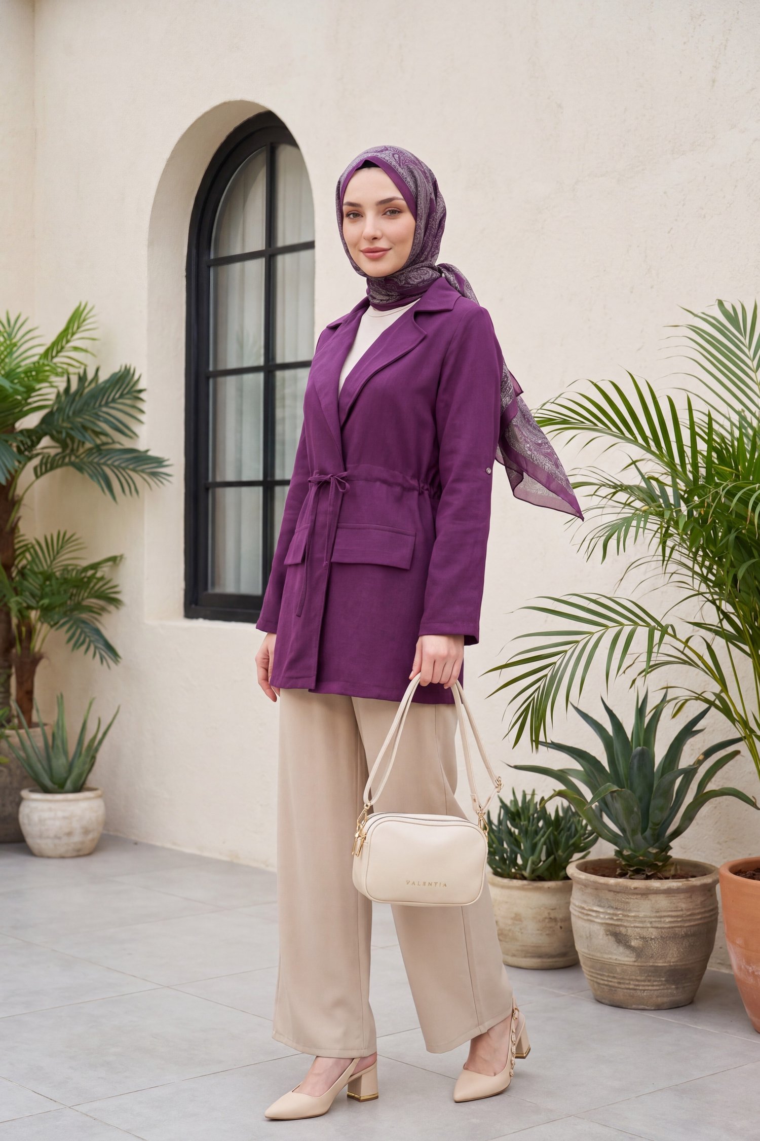 Tünel Bağcıklı Cep Detaylı Keten Görünümlü Kimono -Mürdüm