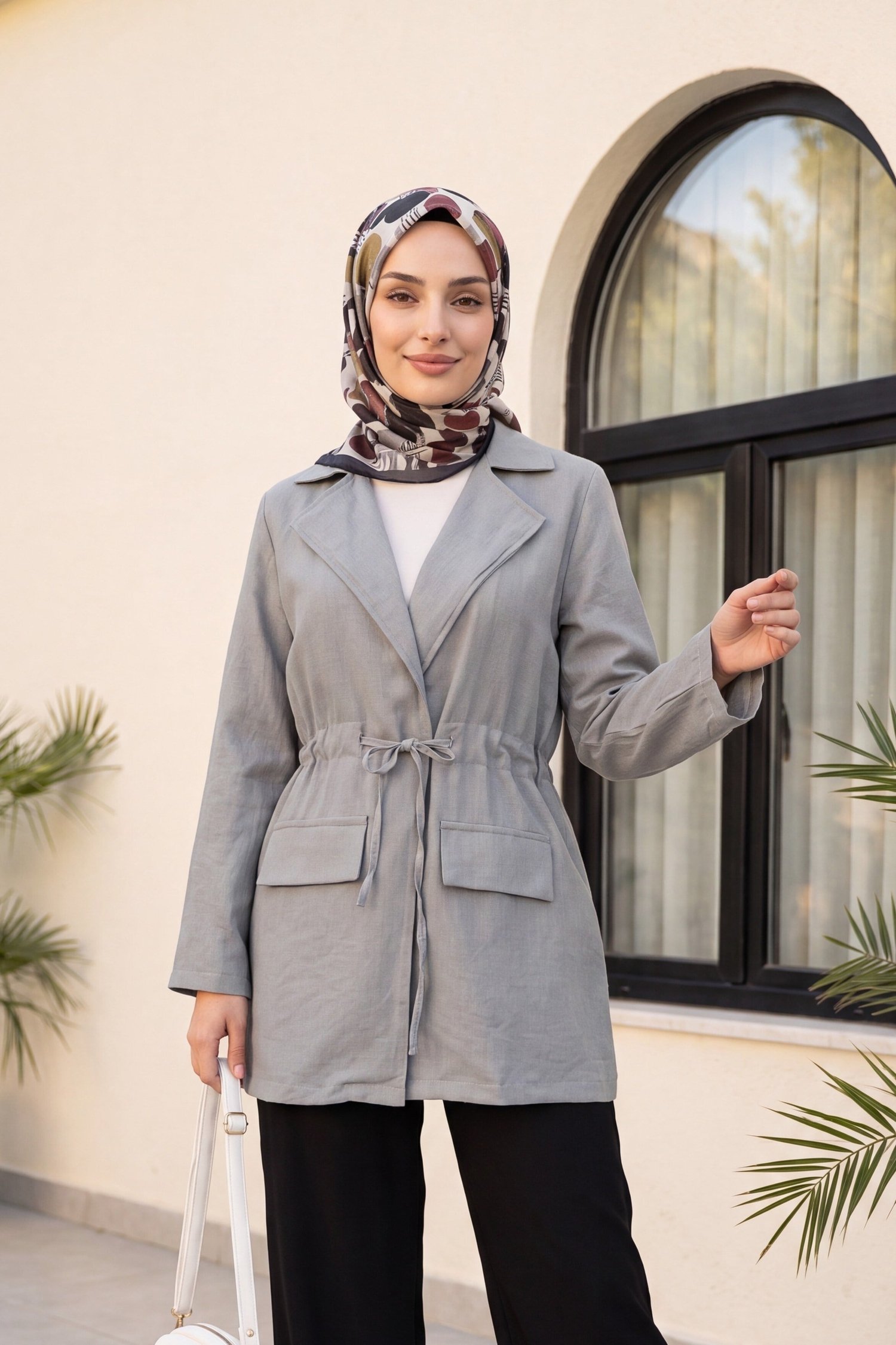 Tünel Bağcıklı Cep Detaylı Keten Görünümlü Kimono -Açık Gri