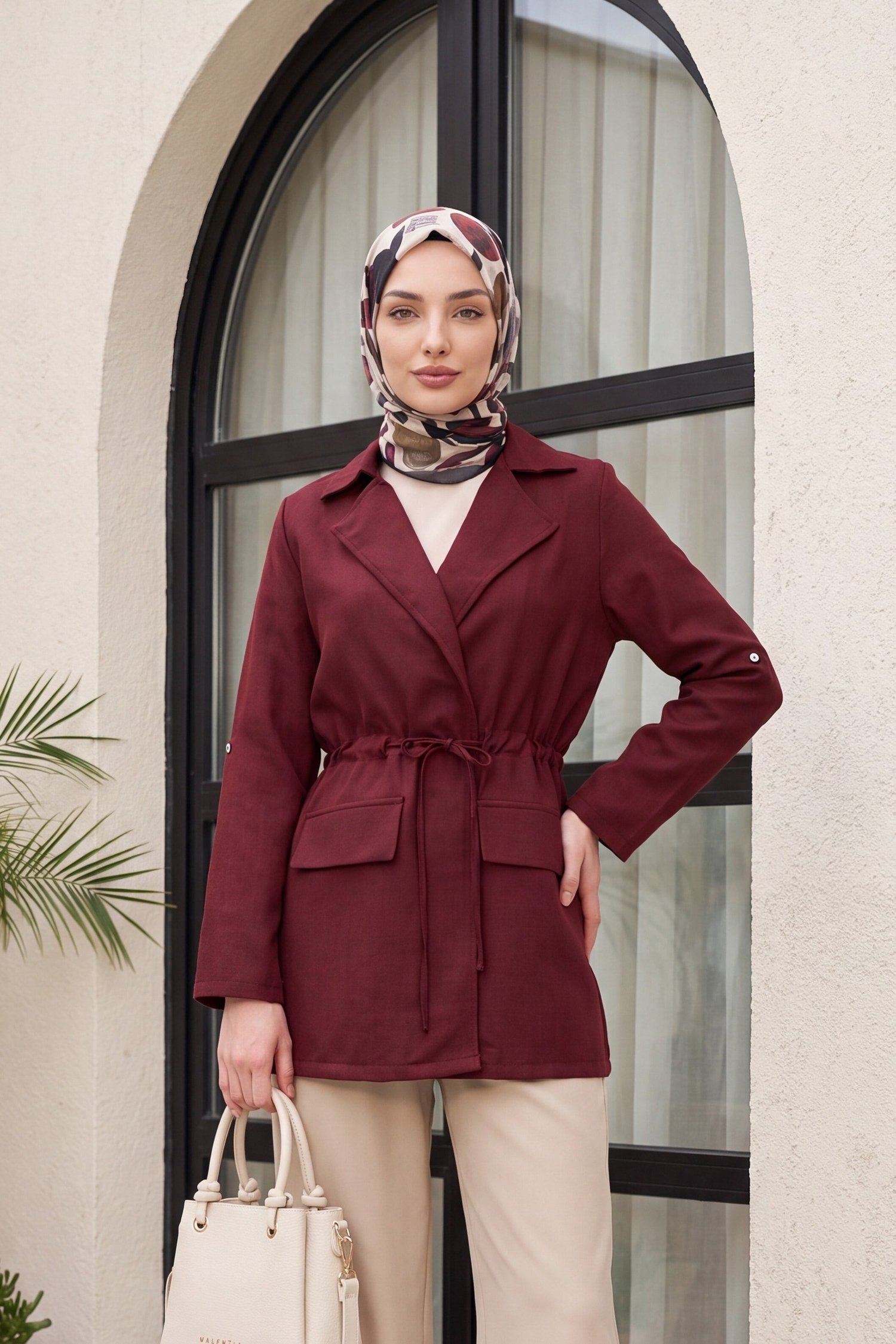 Tünel Bağcıklı Cep Detaylı Keten Görünümlü Kimono -Bordo