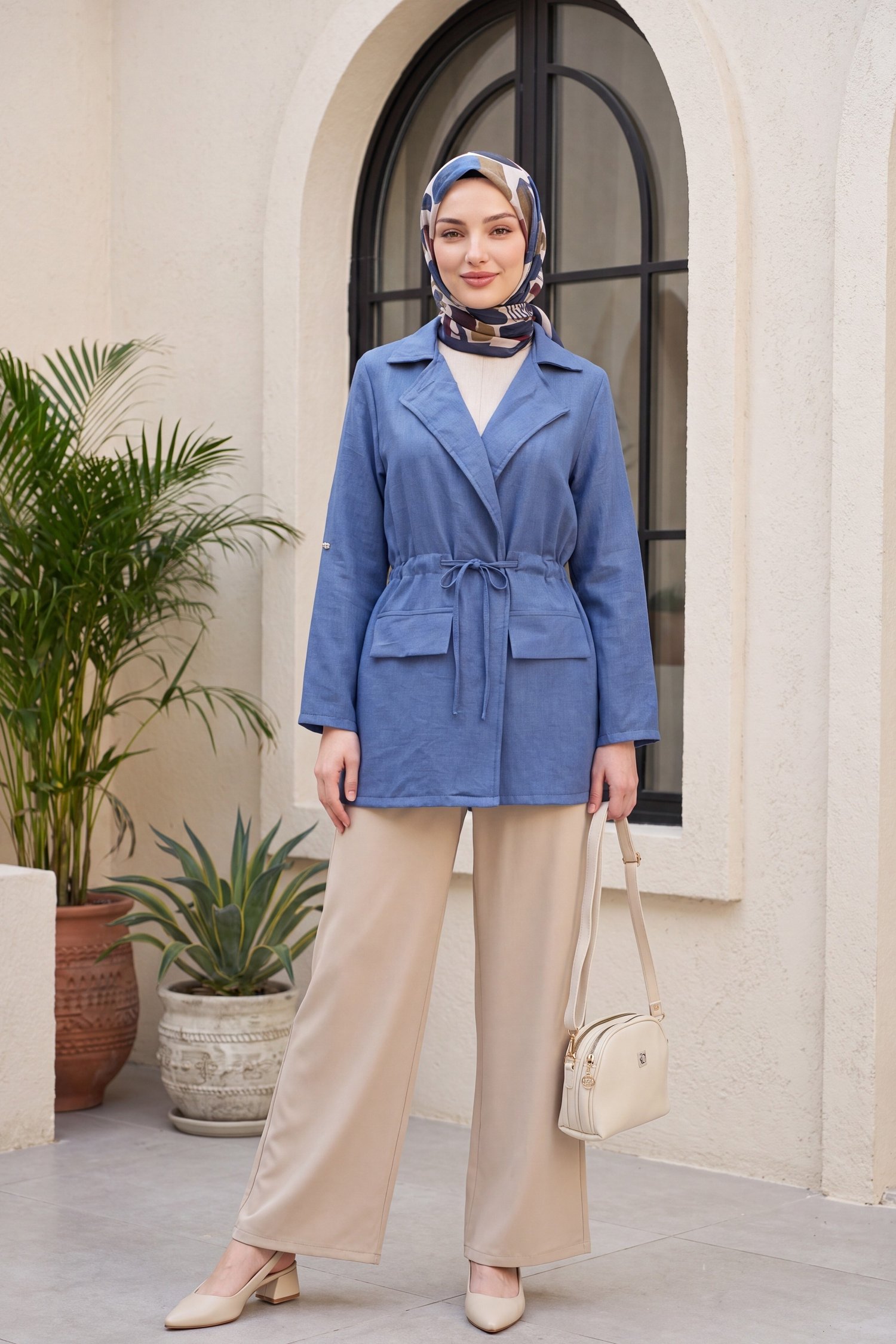 Tünel Bağcıklı Cep Detaylı Keten Görünümlü Kimono -İndigo
