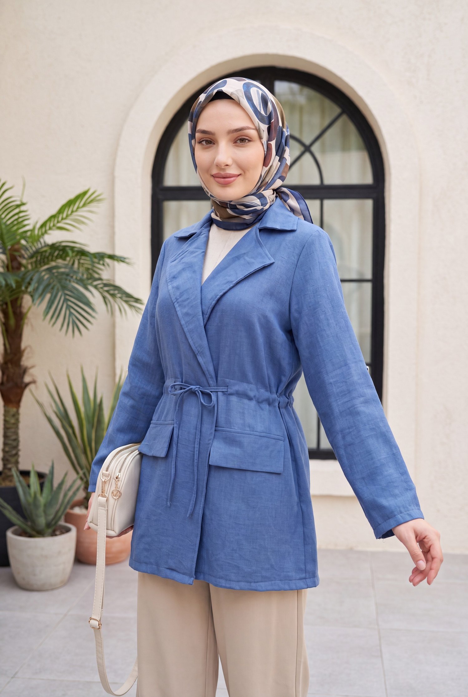 Tünel Bağcıklı Cep Detaylı Keten Görünümlü Kimono -İndigo