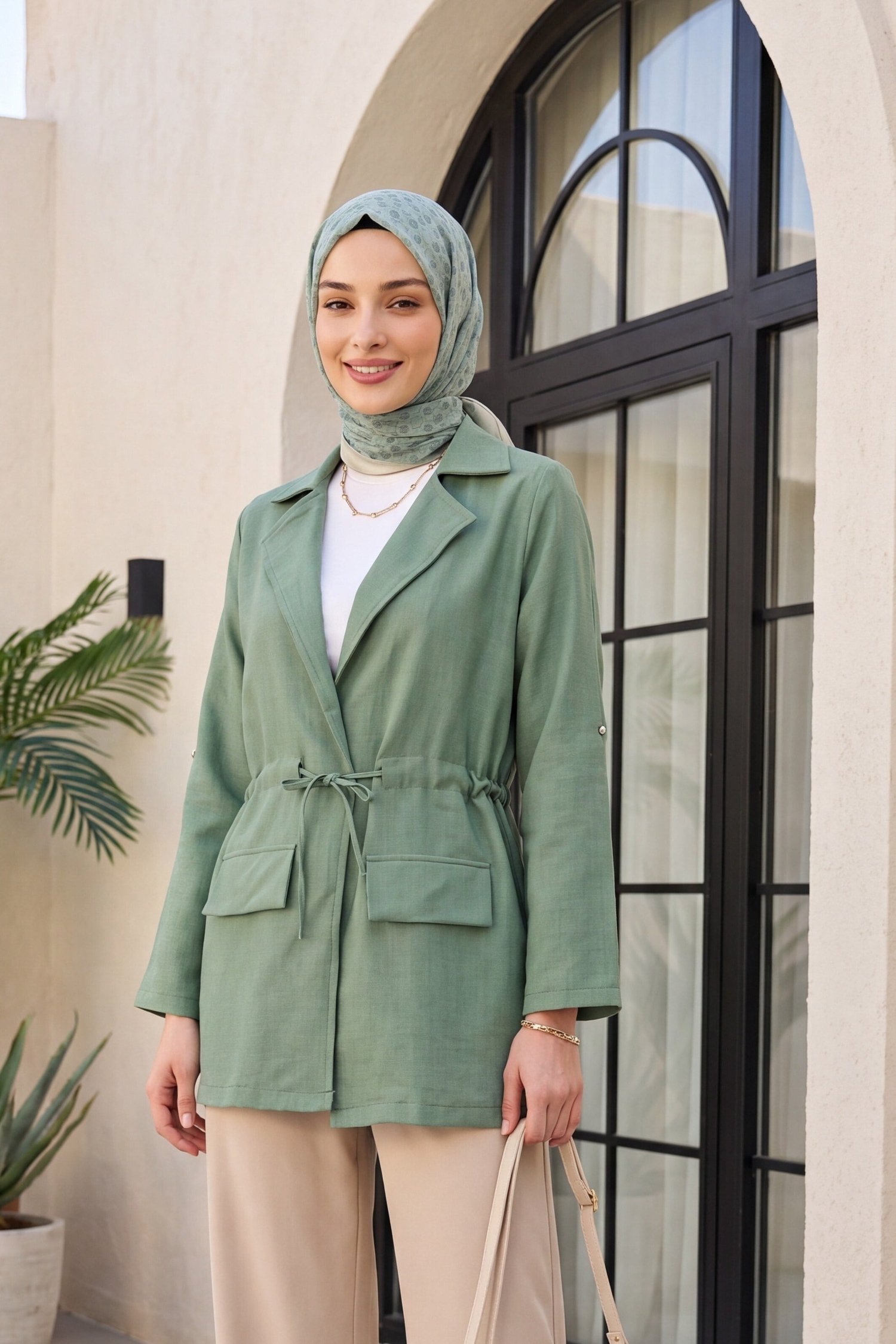Tünel Bağcıklı Cep Detaylı Keten Görünümlü Kimono -Mint