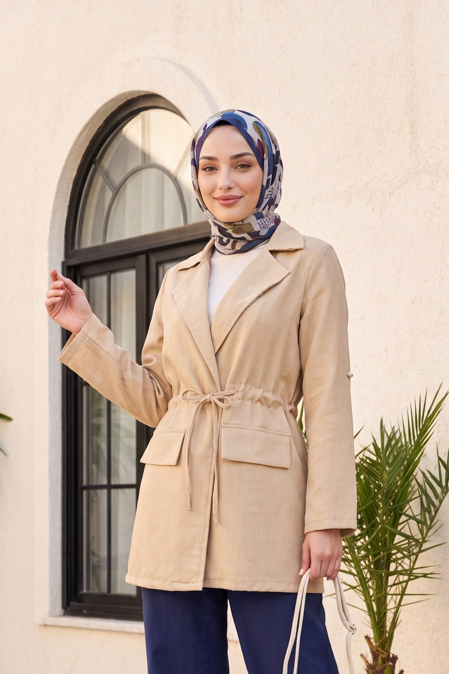 Tünel Bağcıklı Cep Detaylı Keten Görünümlü Kimono -Vizon