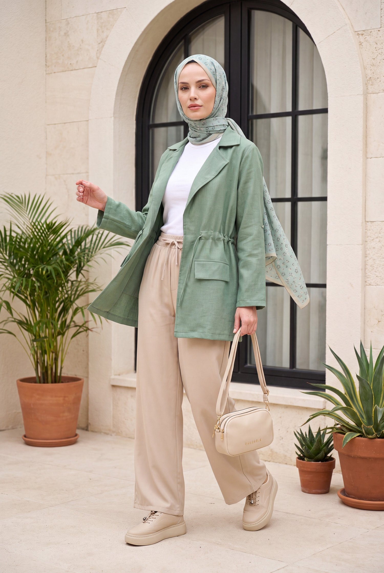 Tünel Bağcıklı Cep Detaylı Keten Görünümlü Kimono -Mint