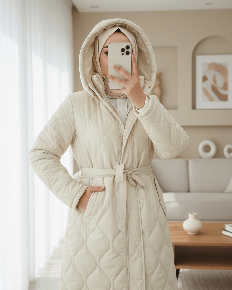 Tünel Bağcıklı Cepleri Çıtçıtlı Kapitone Mont -Krem