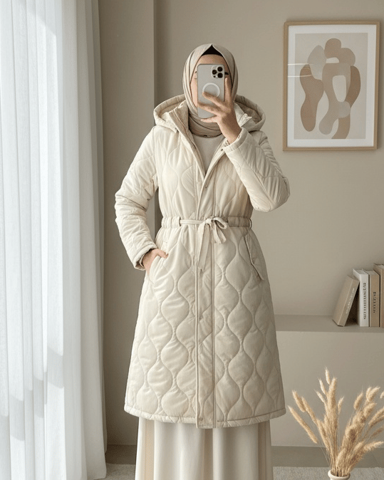 Tünel Bağcıklı Cepleri Çıtçıtlı Kapitone Mont -Krem