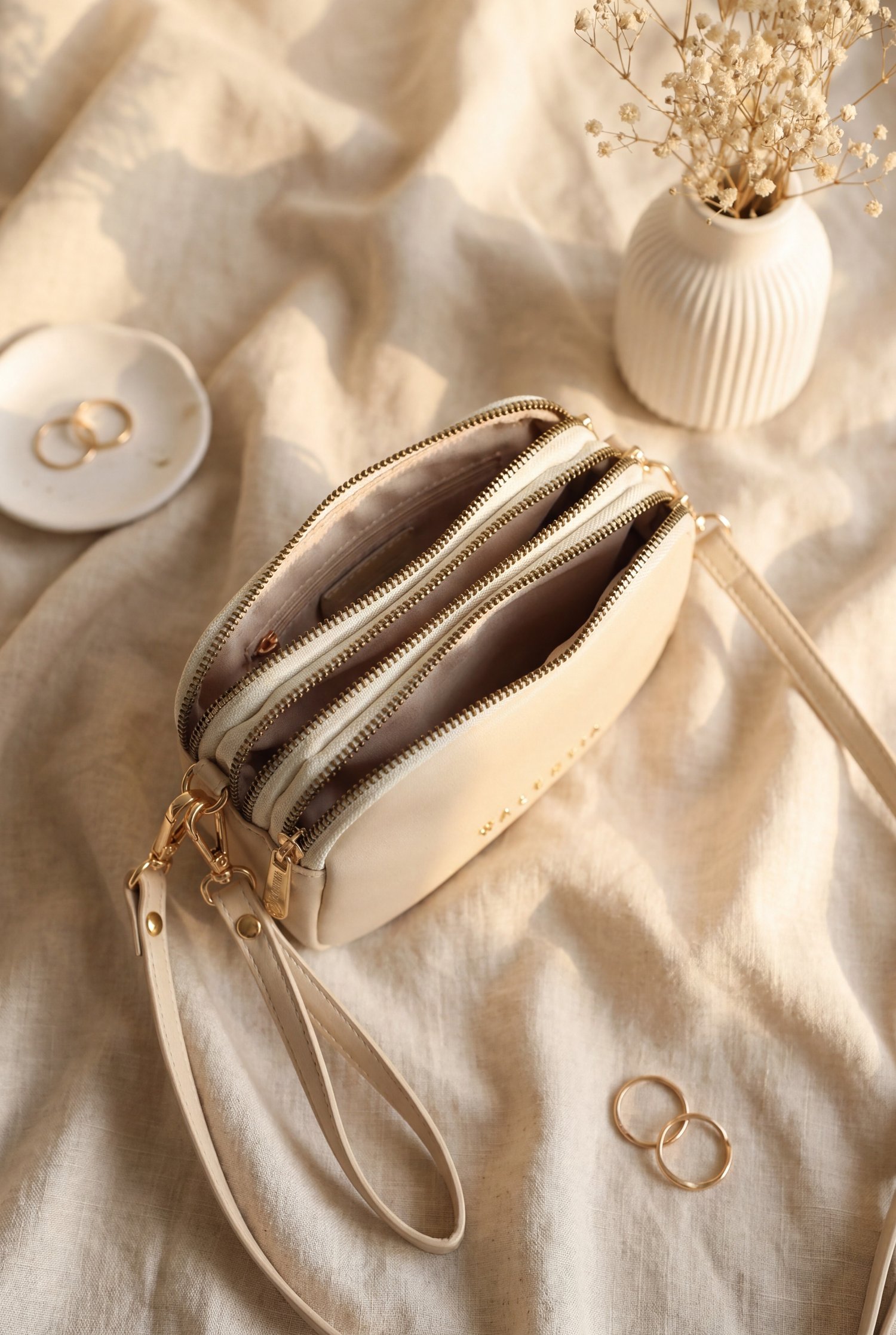 Üç Bölmeli Uzun Askılı Mini Portföy Çanta -Bej