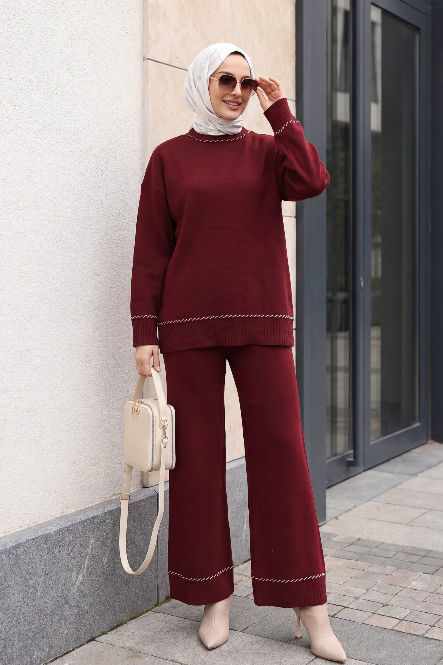 Uçları Fitilli Desenli Pantolonlu Triko Takım  -Bordo