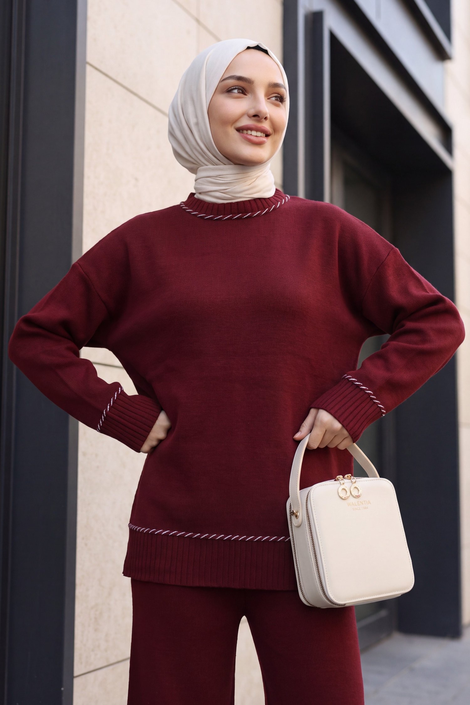 Uçları Fitilli Desenli Pantolonlu Triko Takım  -Bordo