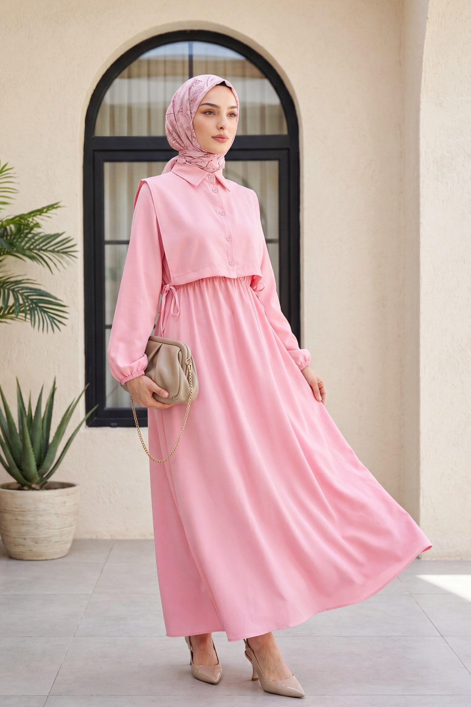 Üstü Gömlek Detaylı Elbise Takım    -Pembe