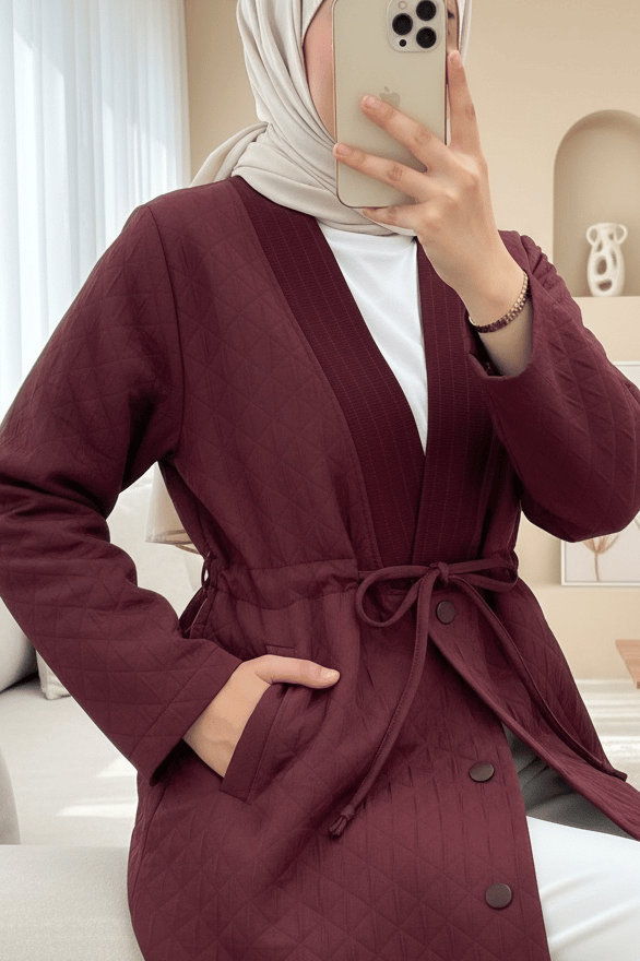V Yaka Beli Bağcıklı Cepli Düğmeli Kap -Bordo