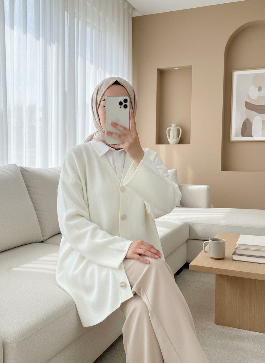 V Yaka Düğmeli Oversize Triko Hırka  -Krem