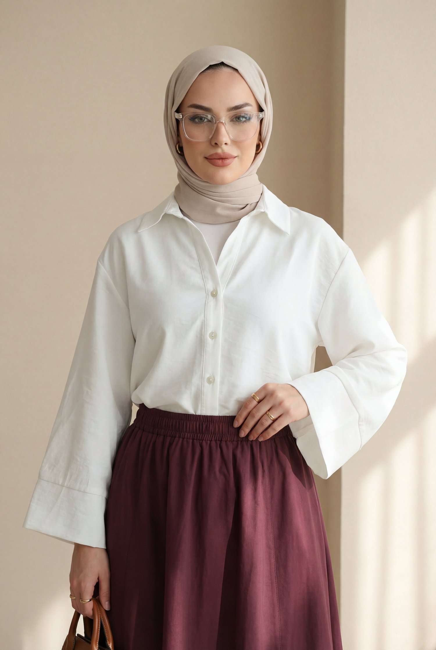 V Yaka Düğmeli Yarım Kol Modal Gömlek -Beyaz