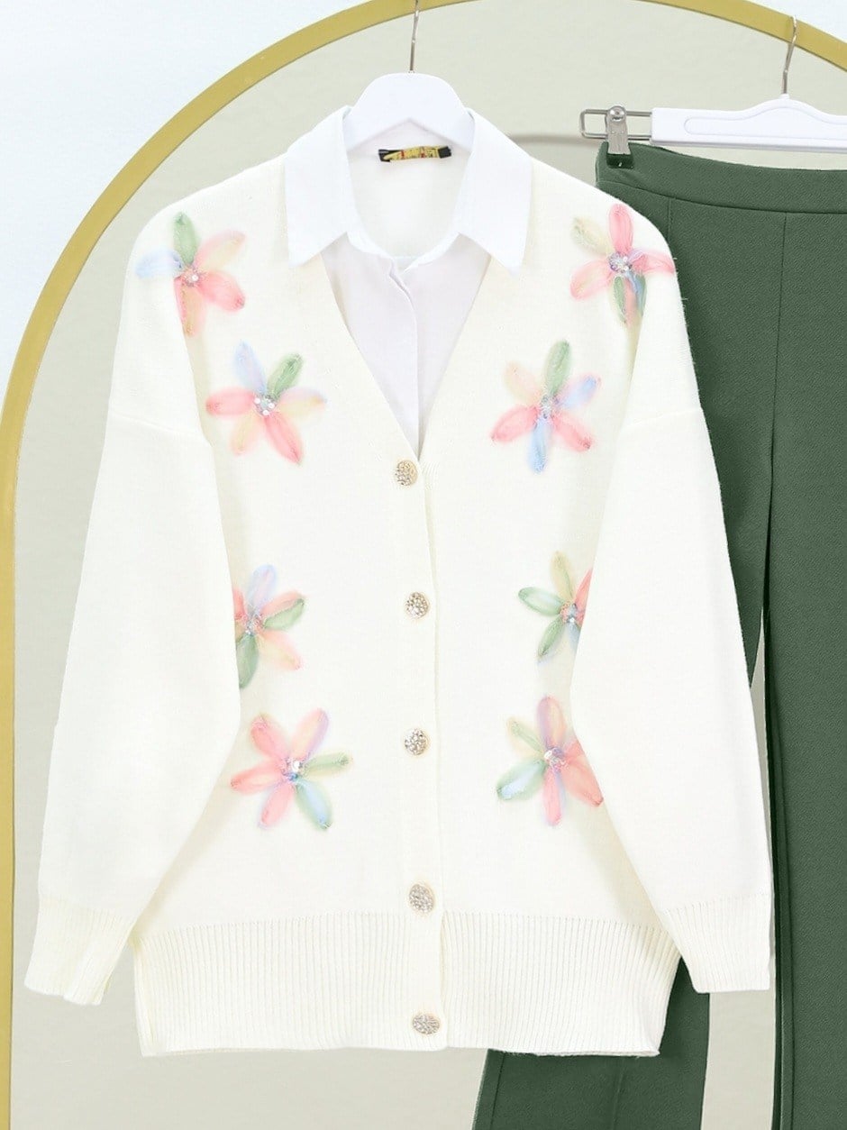 V Yaka Organze Tül Çiçek Nakışlı Triko Hırka -Pudra