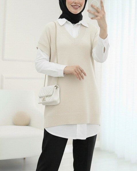 V Yaka Oversize Triko Süveter -Ekru